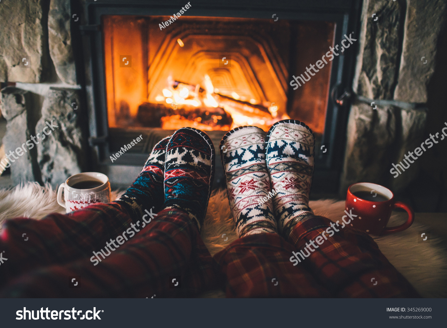 Feet Woollen Socks By Christmas Fireplace Stock Photo Edit Now