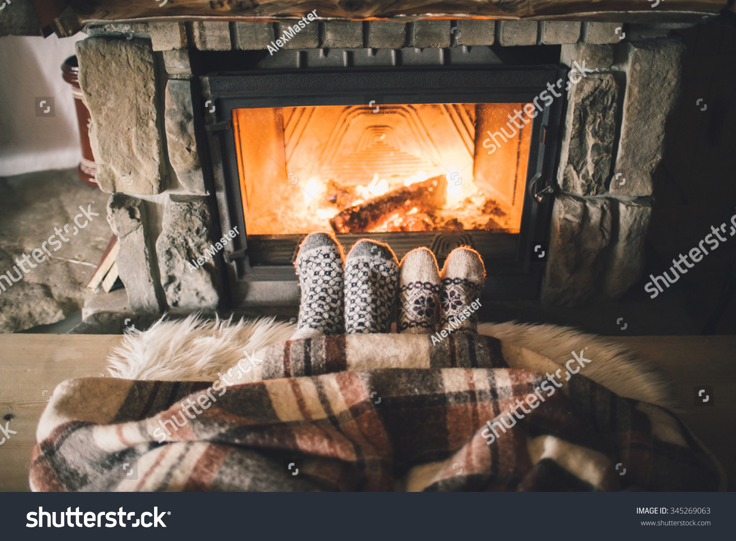 Feet Woollen Socks By Christmas Fireplace Stock Photo Edit Now