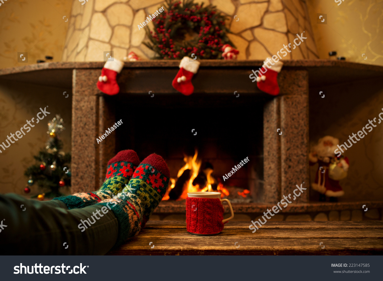 Feet Woollen Socks By Christmas Fireplace Stock Photo 223147585 ...