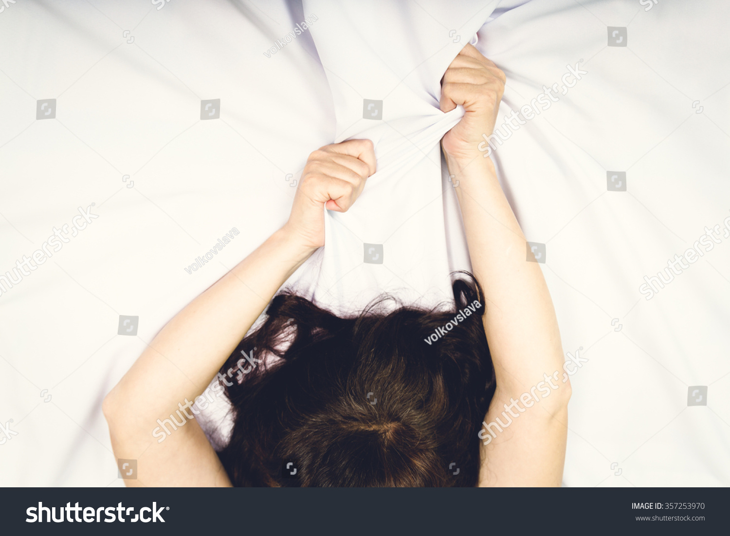 Female Hand Pulling White Sheets Ecstasy Stock Photo 357253970