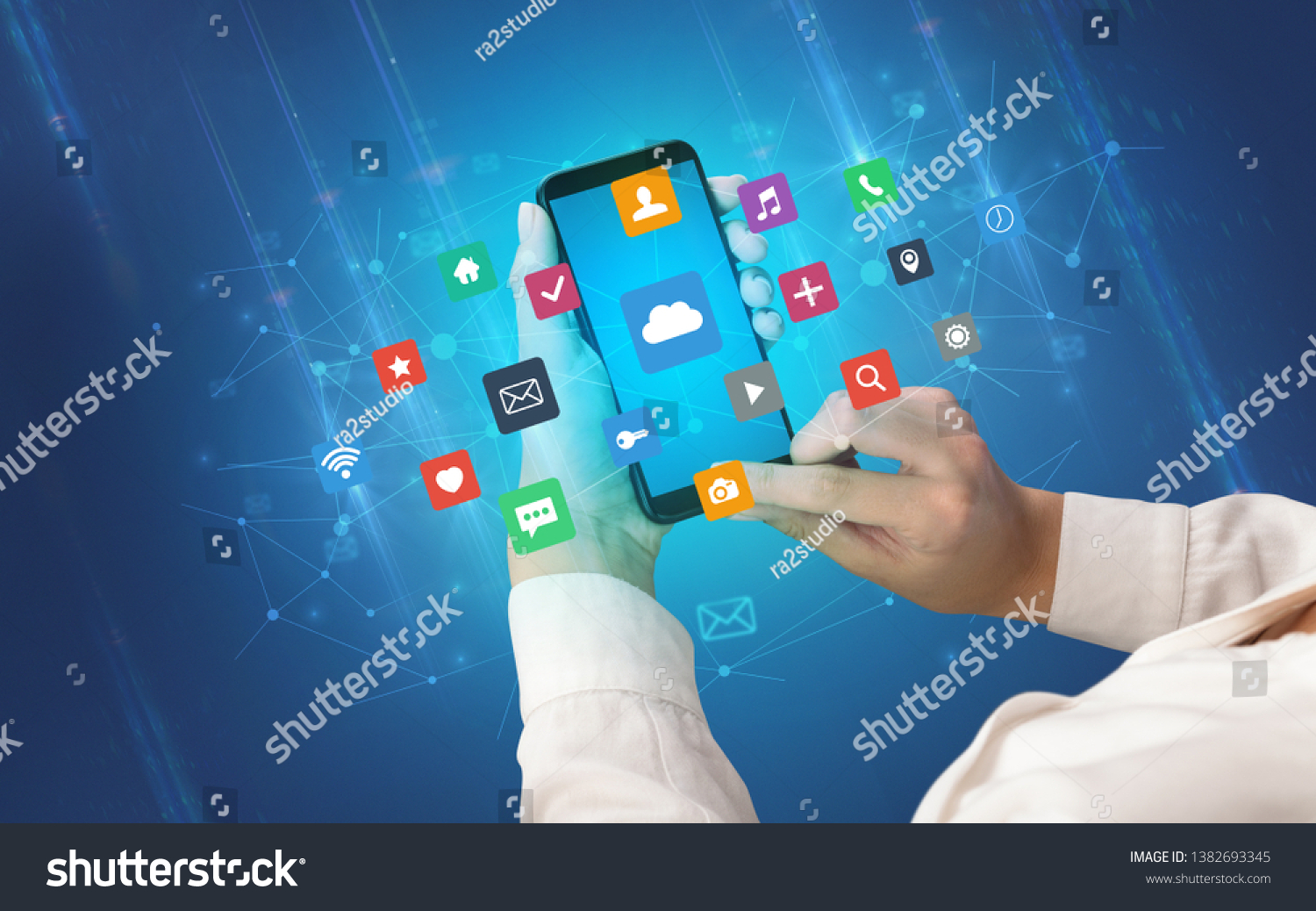  Teal Classic  Template Design Featuring Female Hand Using Smartphone with Colorful Application Icons