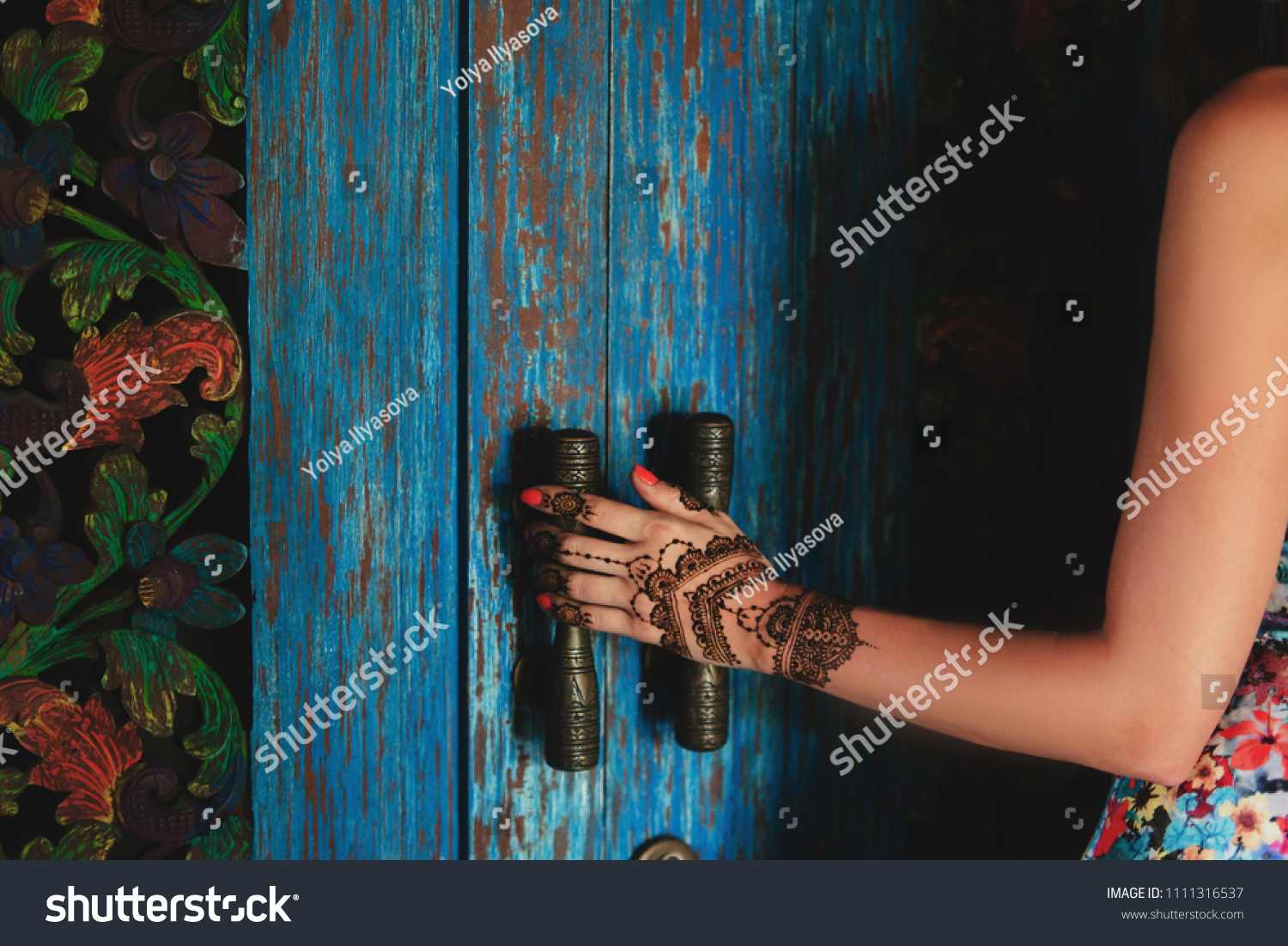Female Hand Henna Tattoo Touching Antique Stock Photo Edit Now