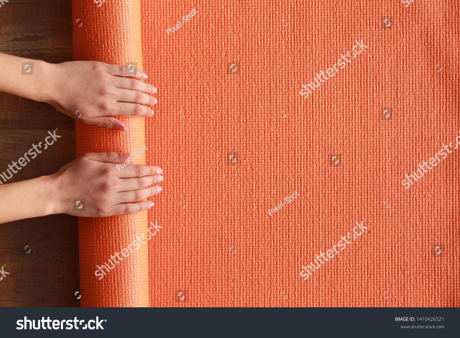 Female Hands Yoga Mat Top View Stock Photo Edit Now 1410426521