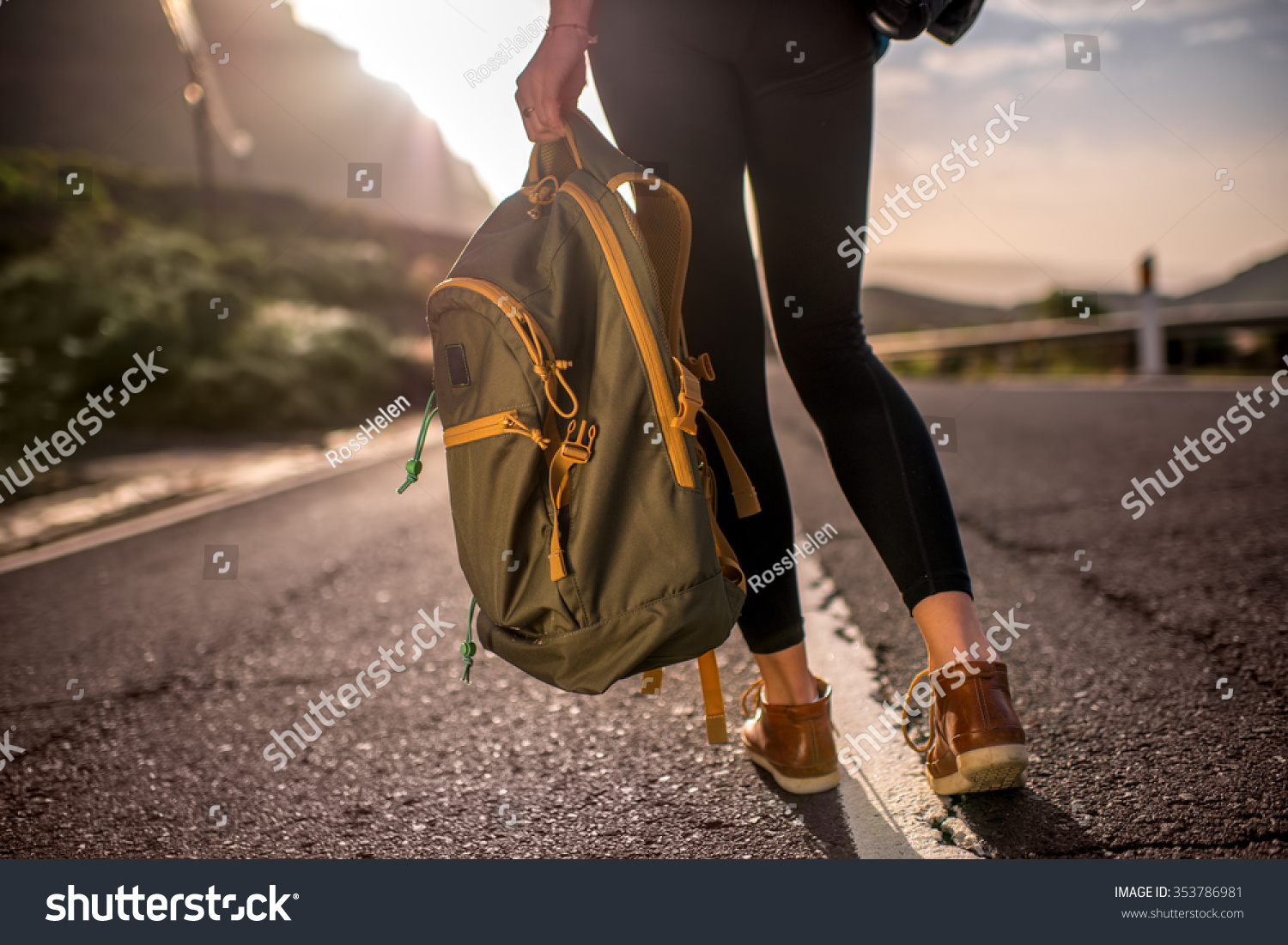 Female Hitchhiker Walking Backpack On Mountain Stock Photo 353786981 ...