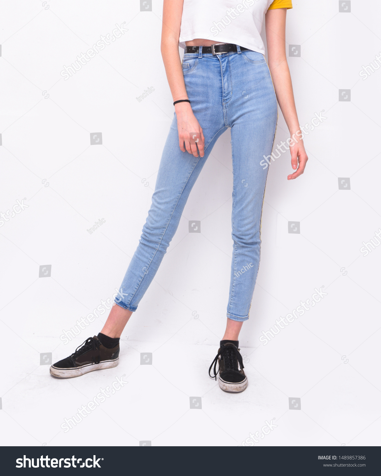 Female White Shirts Blue Jeans Black Stock Photo Edit Now