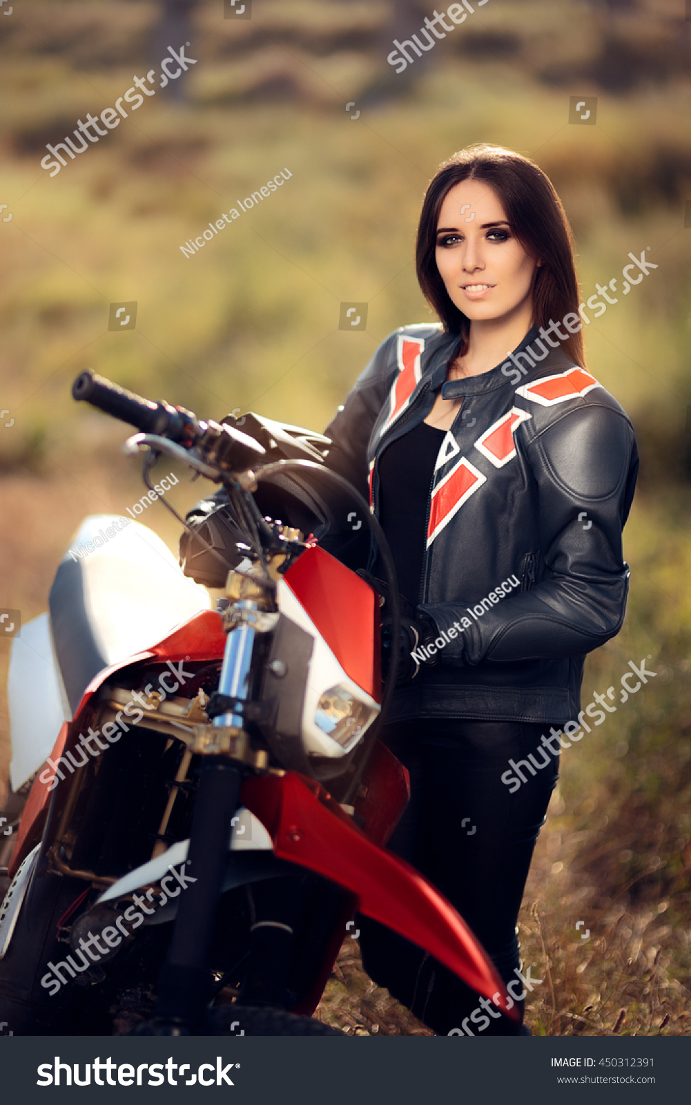 Female Motocross Racer Next Her Motorcycle Stock Photo 450312391