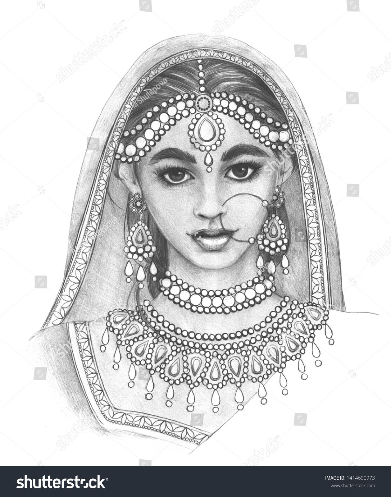 Female Portrait Indian Woman Wedding Dress Ilustración De Stock 1414690973 Shutterstock