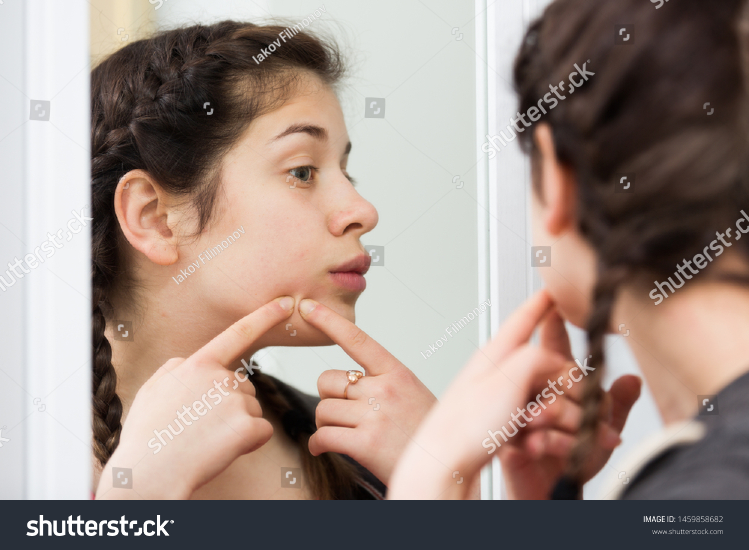 Female Teenager Squeezing Acne Spots Alone Stock Photo 1459858682 