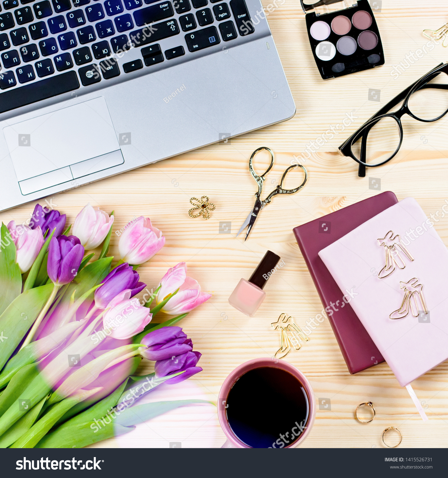 Feminine Office Desk Stationery Laptop Fashion Stock Photo Edit