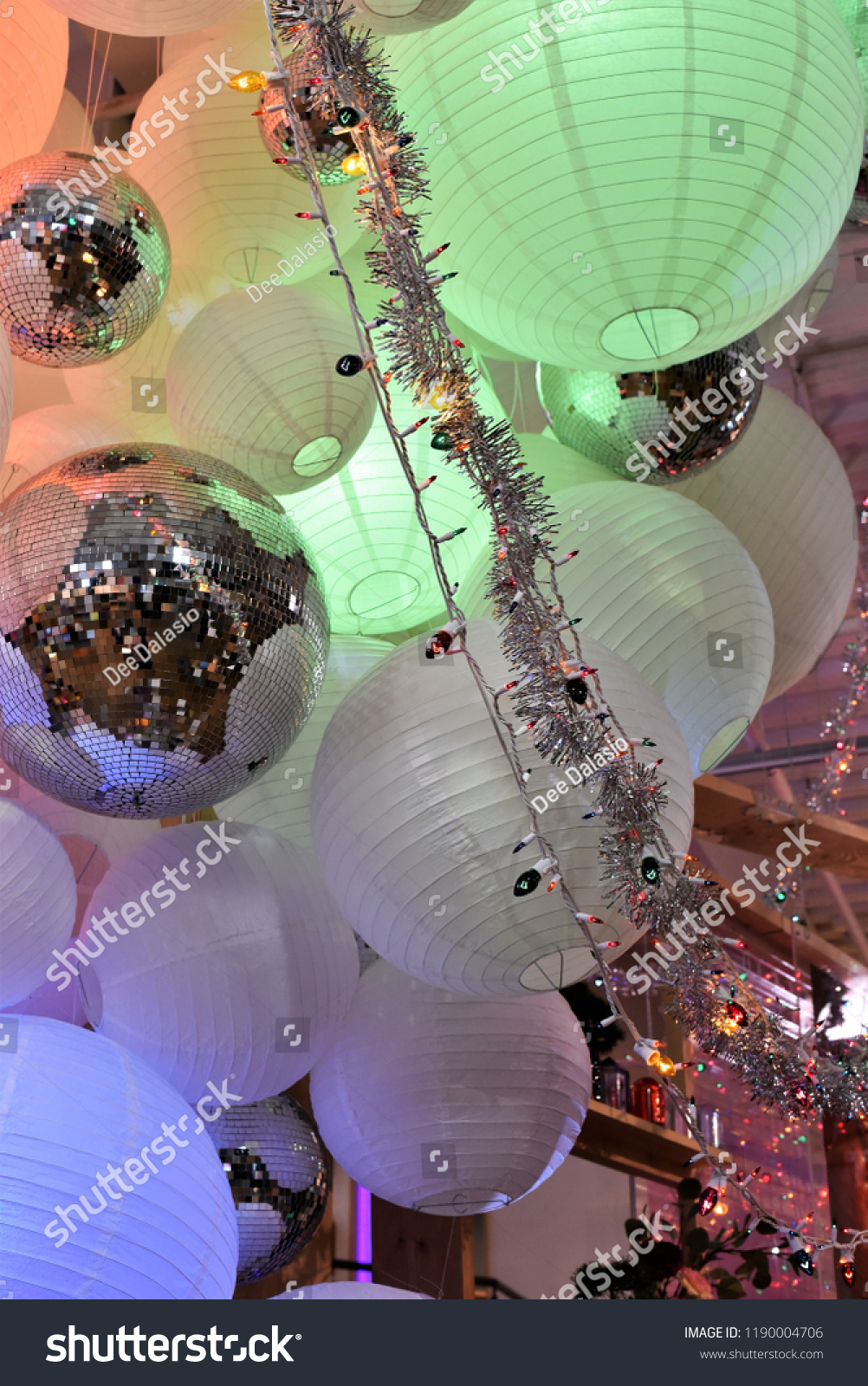 Festive Indoor Christmas Decorations Lights Tinsel Stock Photo