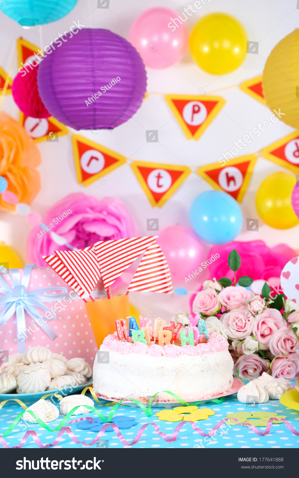 Festive Table Setting For Birthday On Celebratory Decorations Stock ...