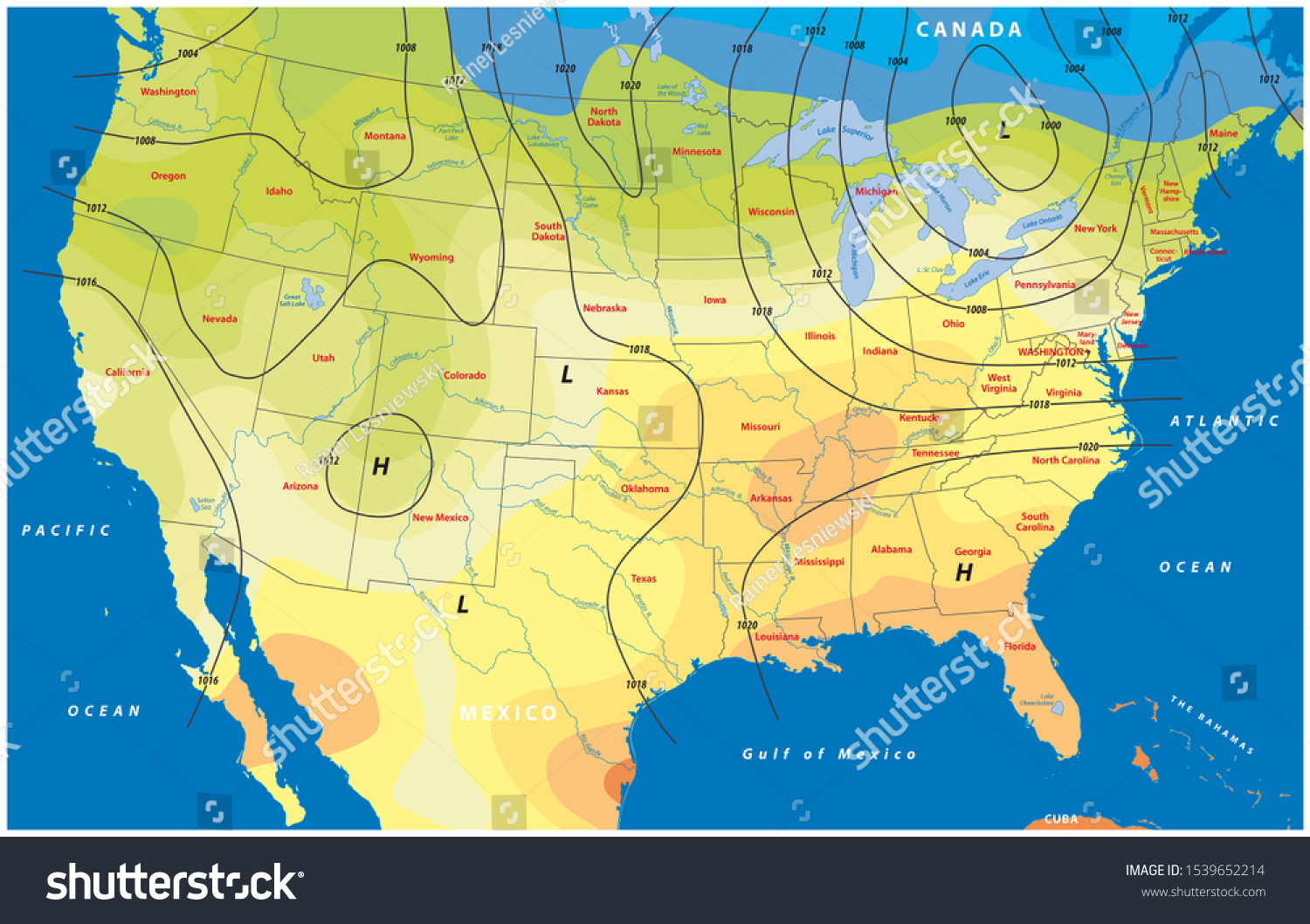 Fictional Map Usa Temperature Barometric Pressure 库存插图 1539652214 4914