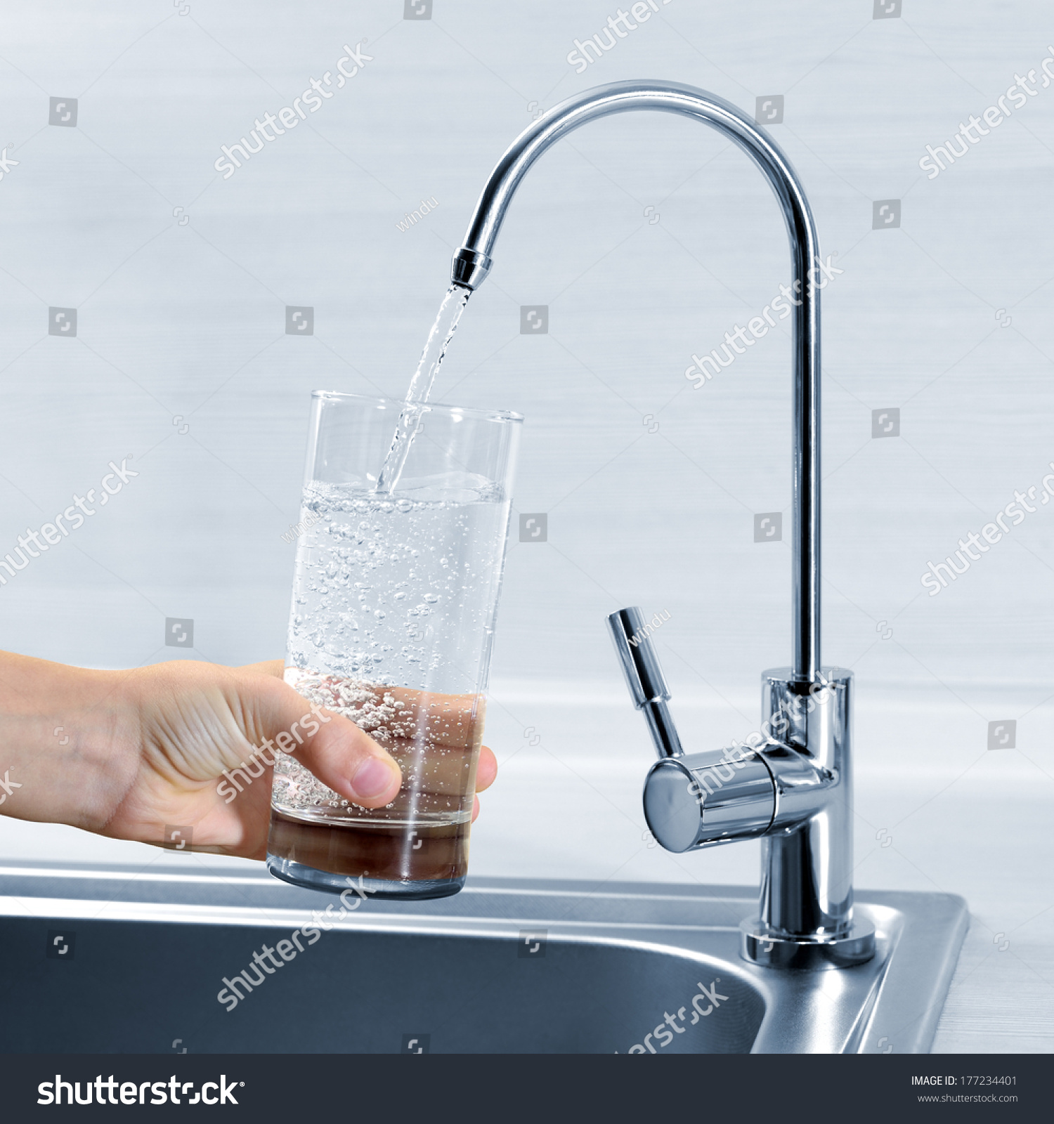 Filling Glass Water Hand Kitchen Faucet Stock Photo 177234401