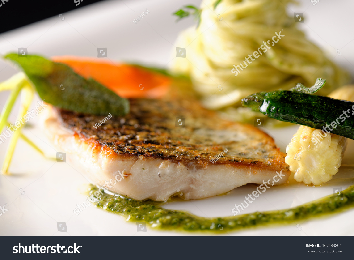 Fine Dining, Trout Fish Fillet Breaded In Herbs And Spice With Basil ...