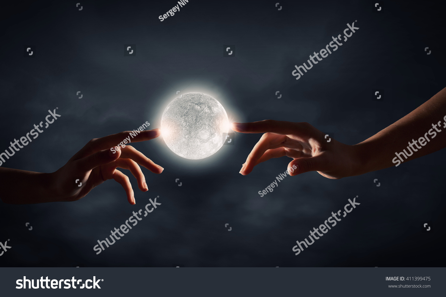 Finger Reaching Moon Planet Stock Photo (Edit Now) 411399475