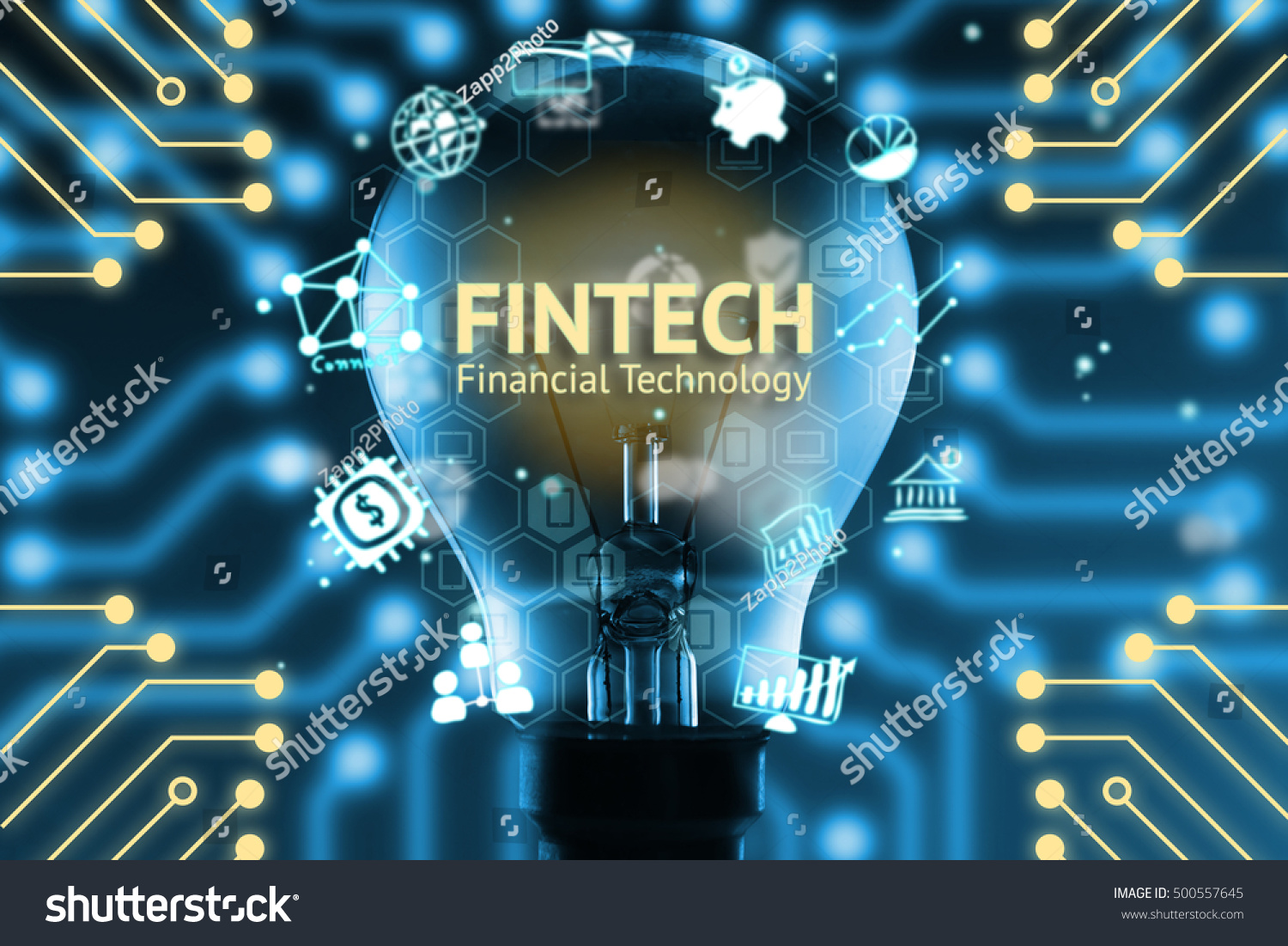 Fintech concept . Icons of financial technology and bank . Light bulb , Infographic , texts and icons. Electric circuits graphic with blue background