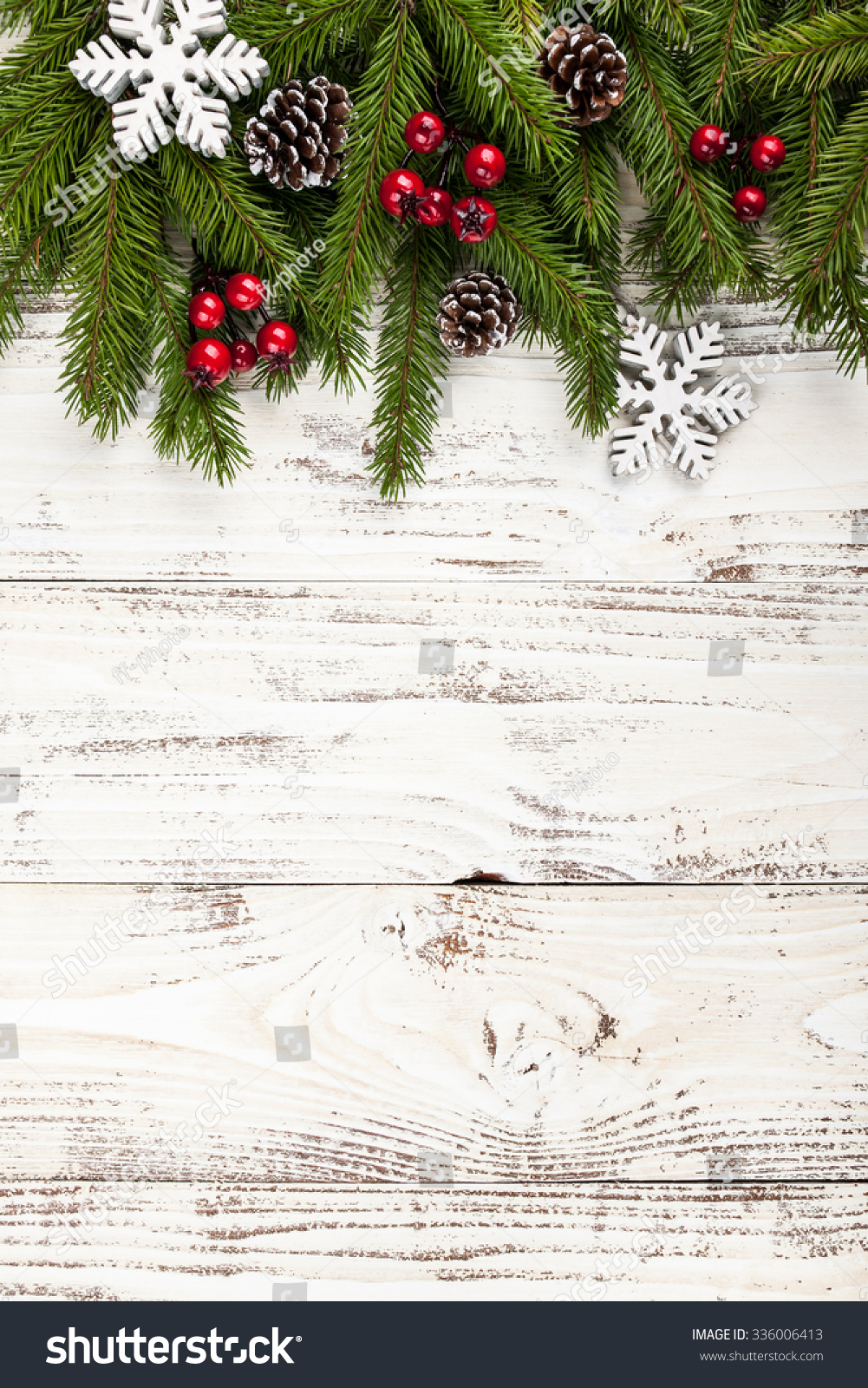Fir Tree With Christmas Decorations On The Rustic Wooden Background ...