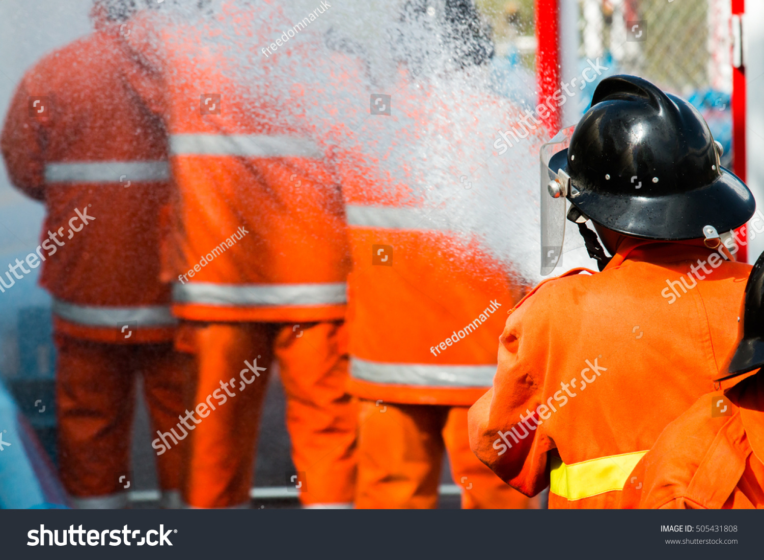 Fireman Attacking Fire Water Firefighter Team Stock Photo 505431808 ...