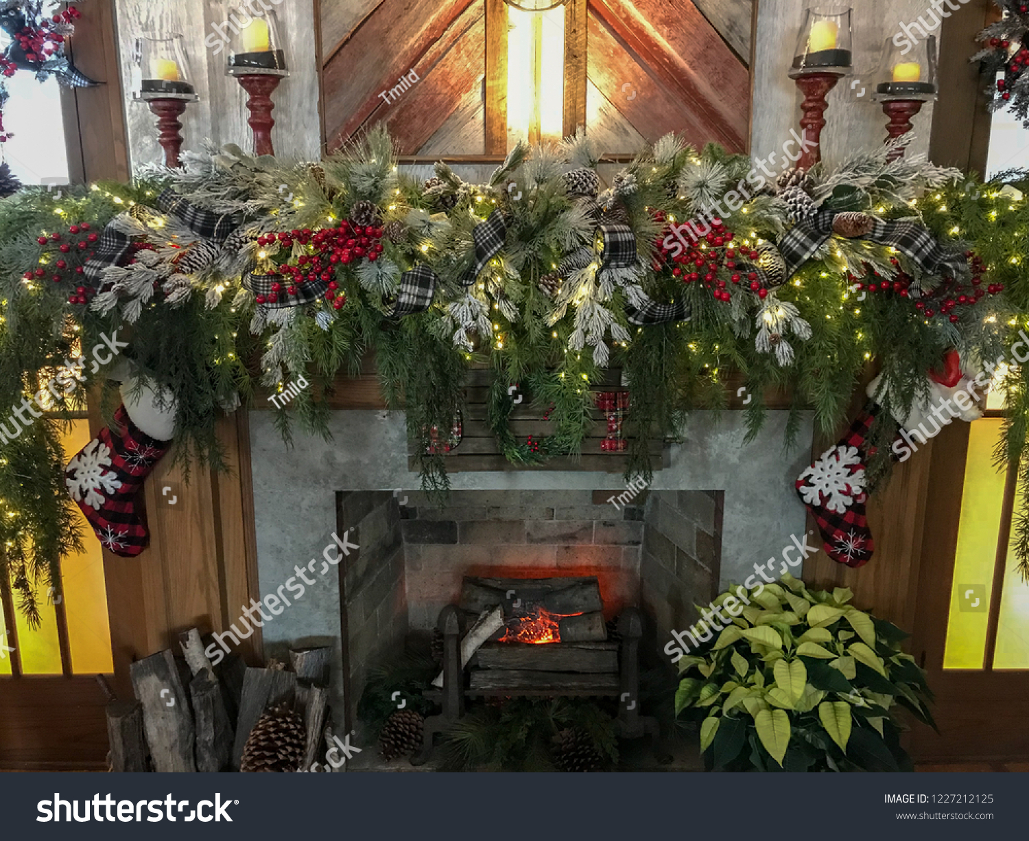 Fireplace Mantel Decorations Christmas Holiday Evergreens Stock