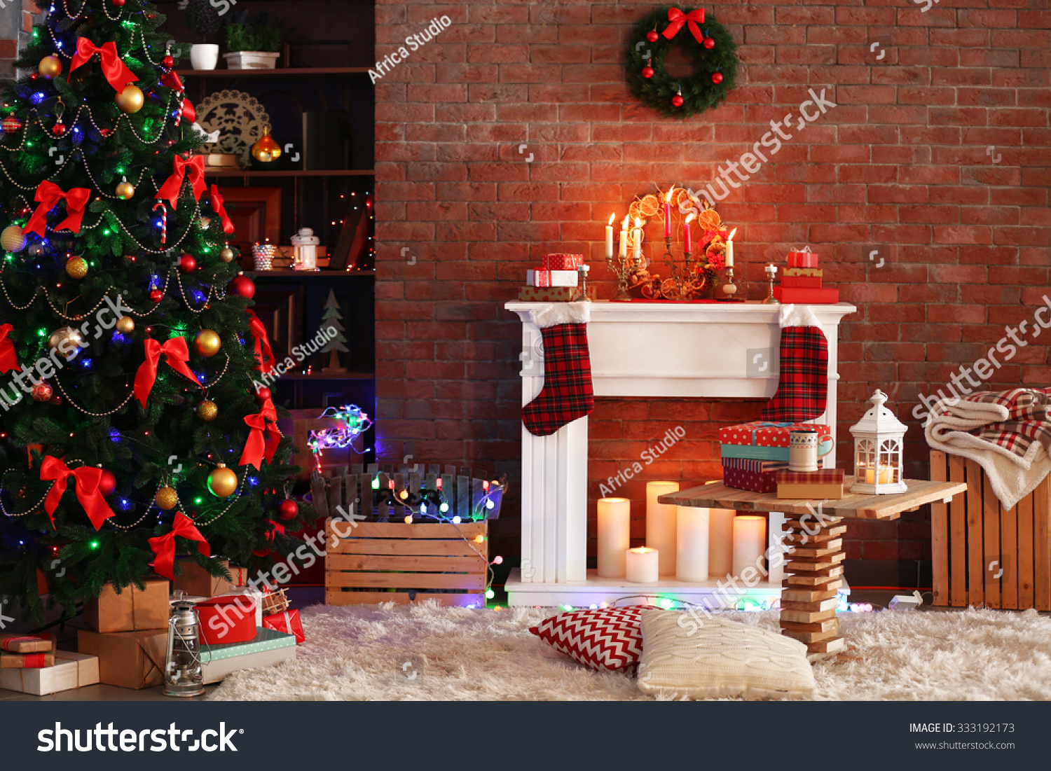 Fireplace Beautiful Christmas Decorations Comfortable Living Stock