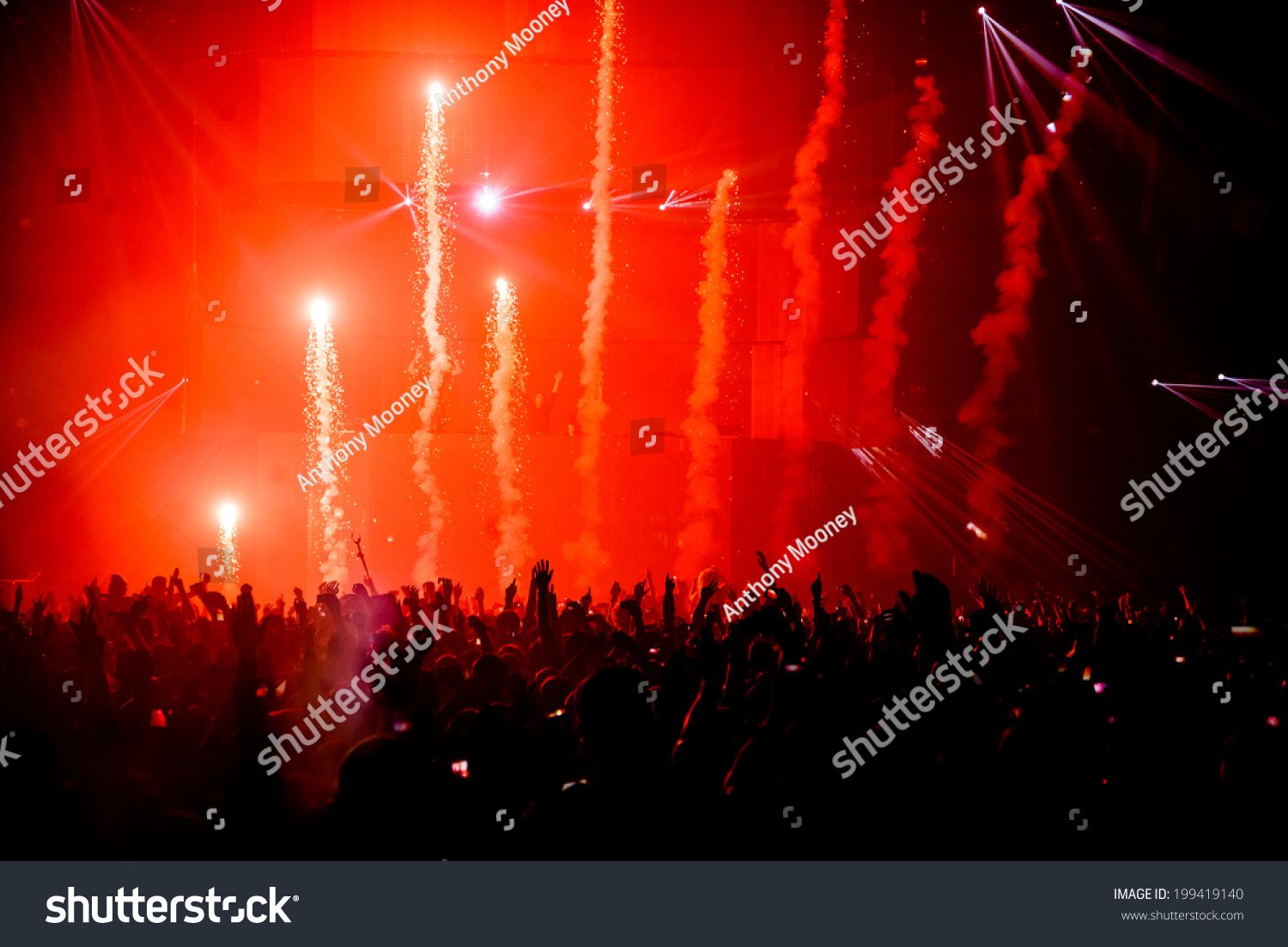 Firework Pyro At Music Festival Concert With Crowd Silhouette Stock ...