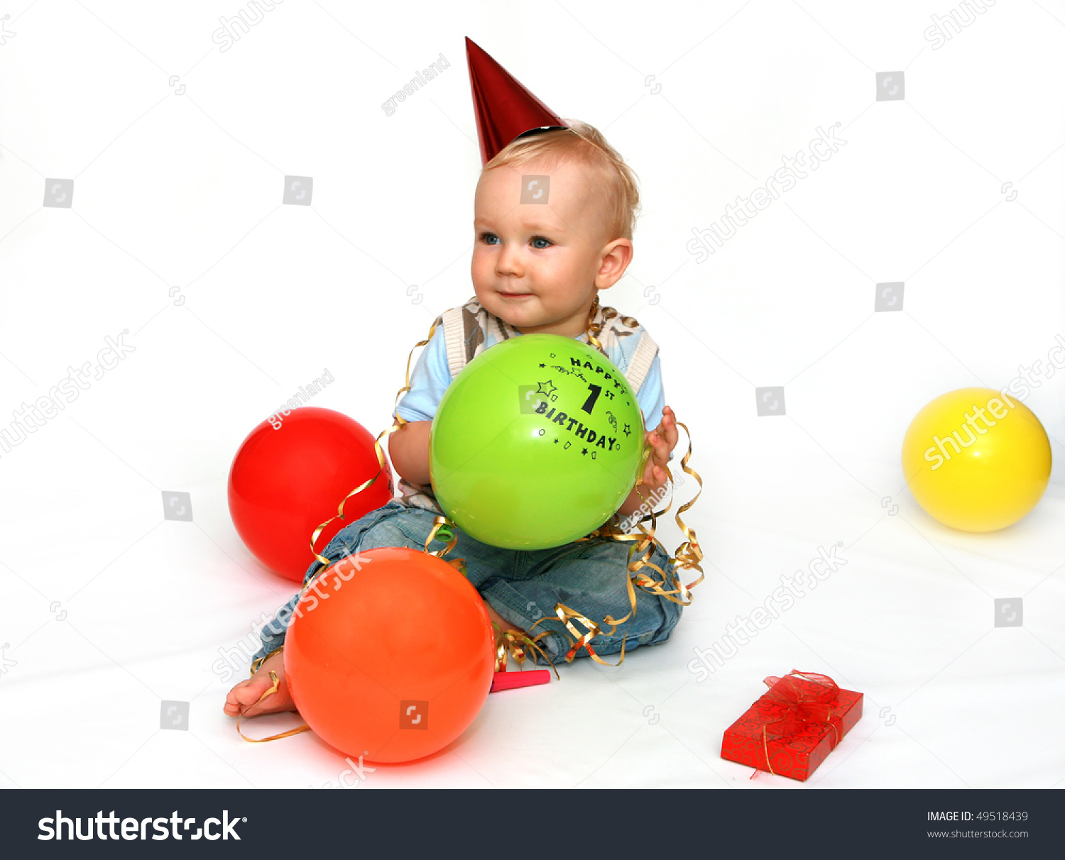 First Birthday - Happy Baby Boy With Balloons On White Background ...