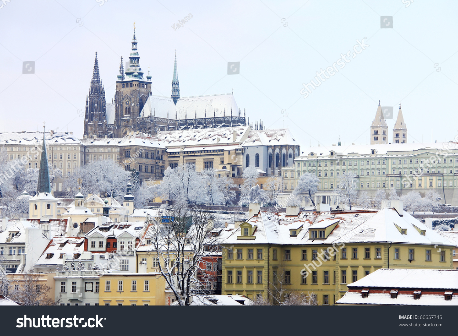 First Snow In Prague, Gothic Castle Above The River Vltava Stock Photo ...