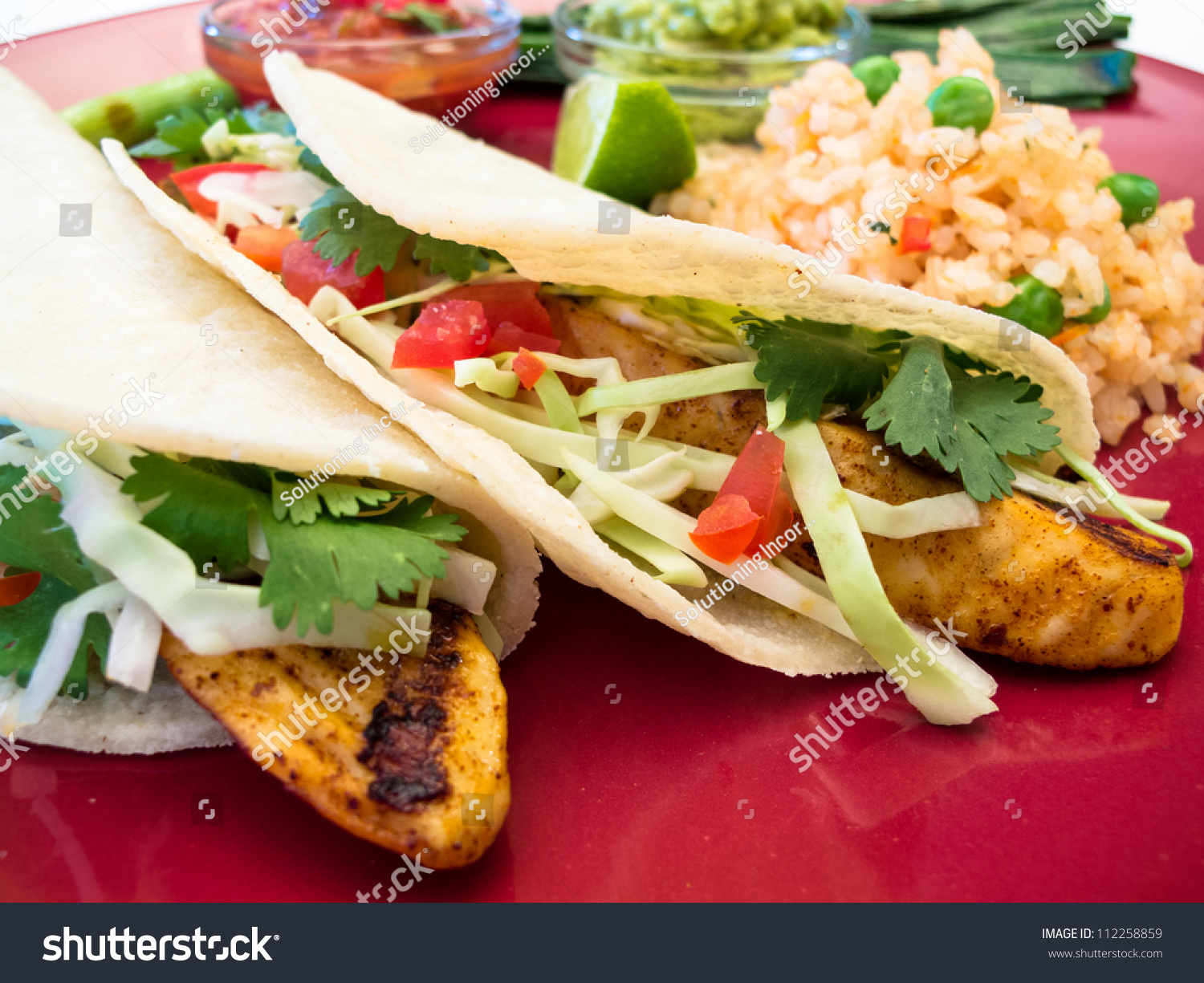 Fish Tacos Guacamole Rice Seasoned Grilled Stock Photo Edit Now 112258859