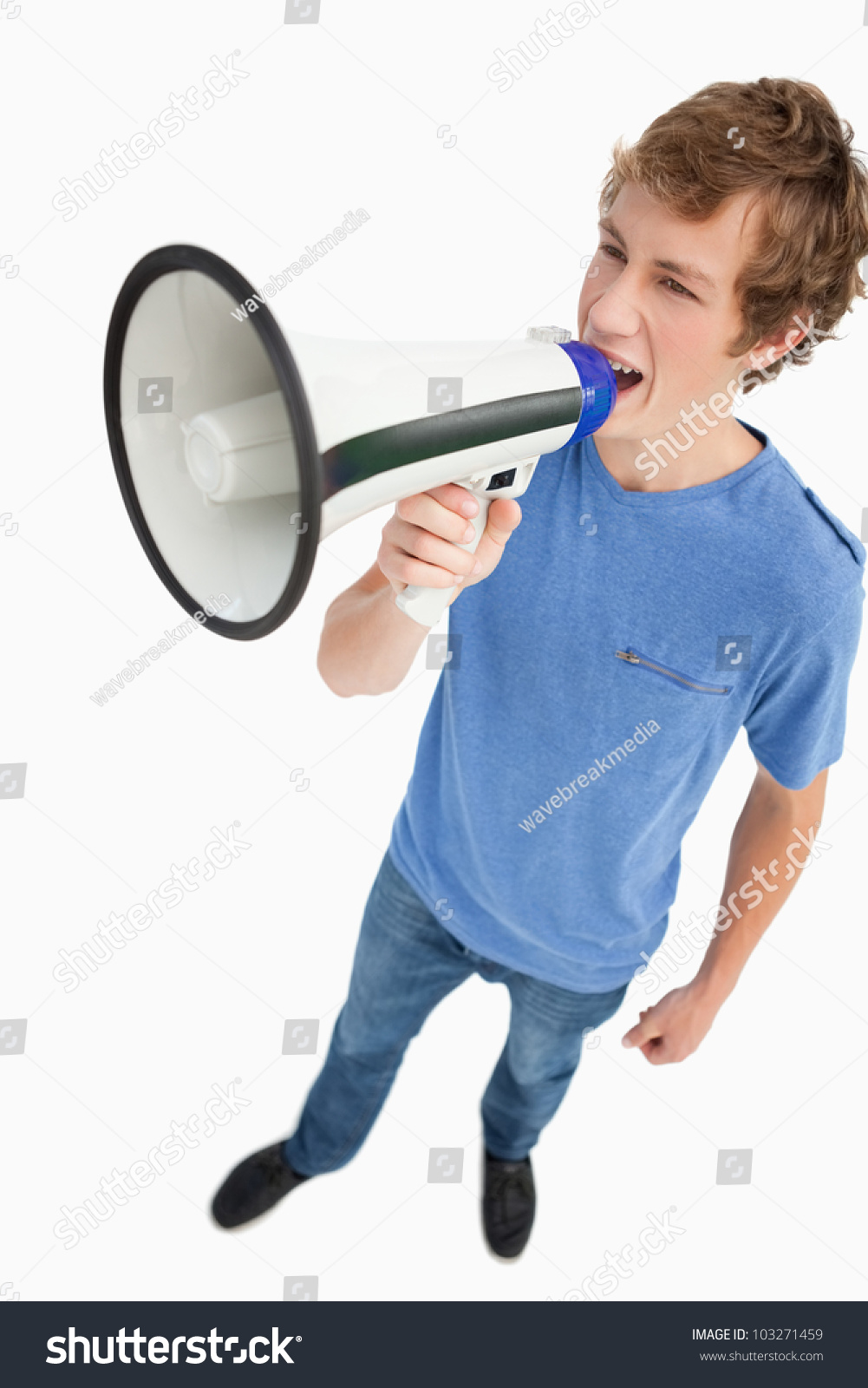 Fisheye View Of A Male Student Yelling In A Loudspeaker Against White ...