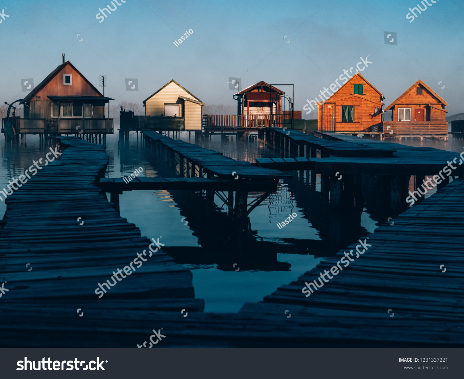 Fishing Cabins On Lake Bokod Hungary Stock Photo Edit Now 1231337221