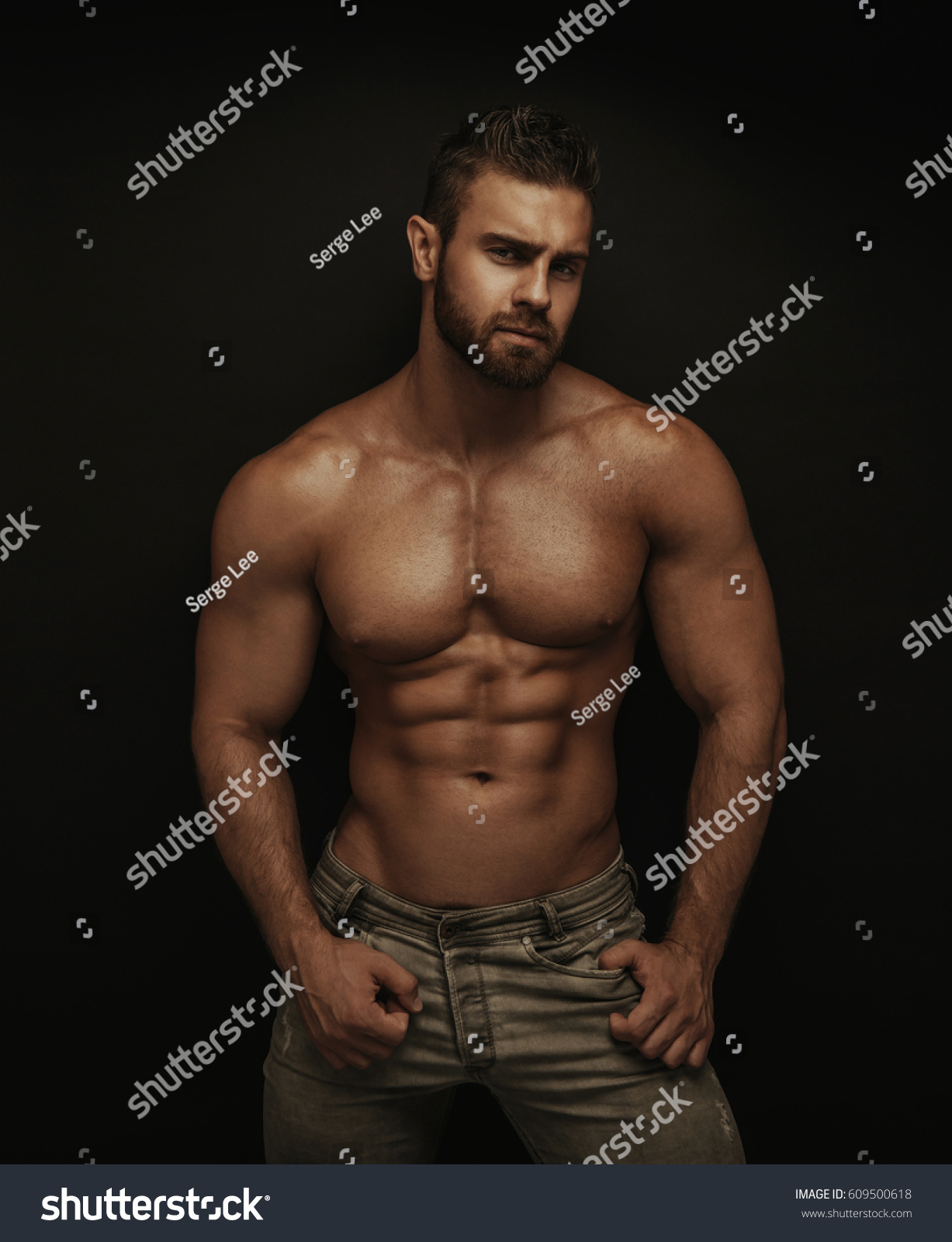 Fitness Male Model Standing On Dark Stock Photo (Edit Now) 609500618