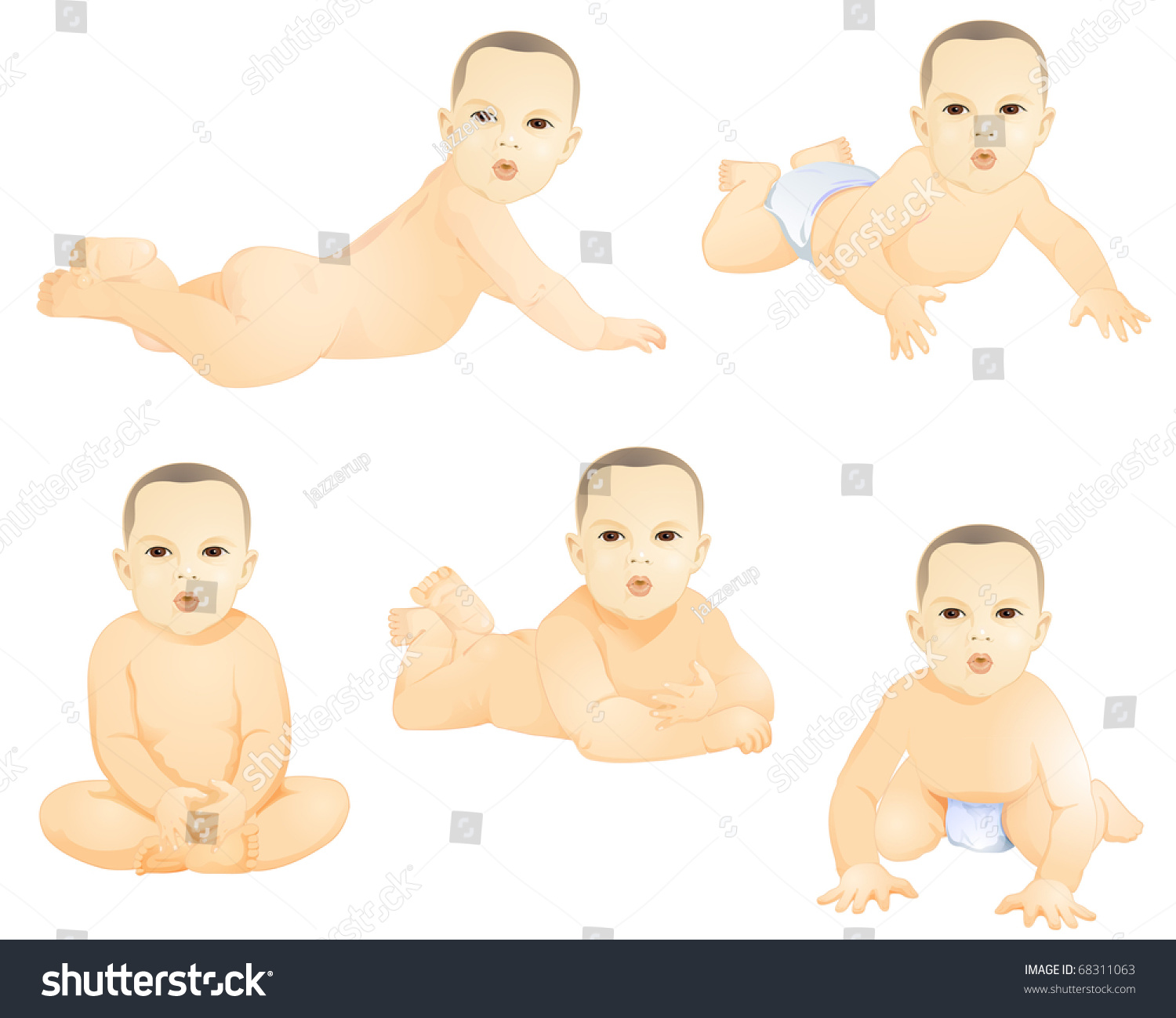 Five Asian Babies Variety Sitting Crawling Stock Illustration 68311063 ...