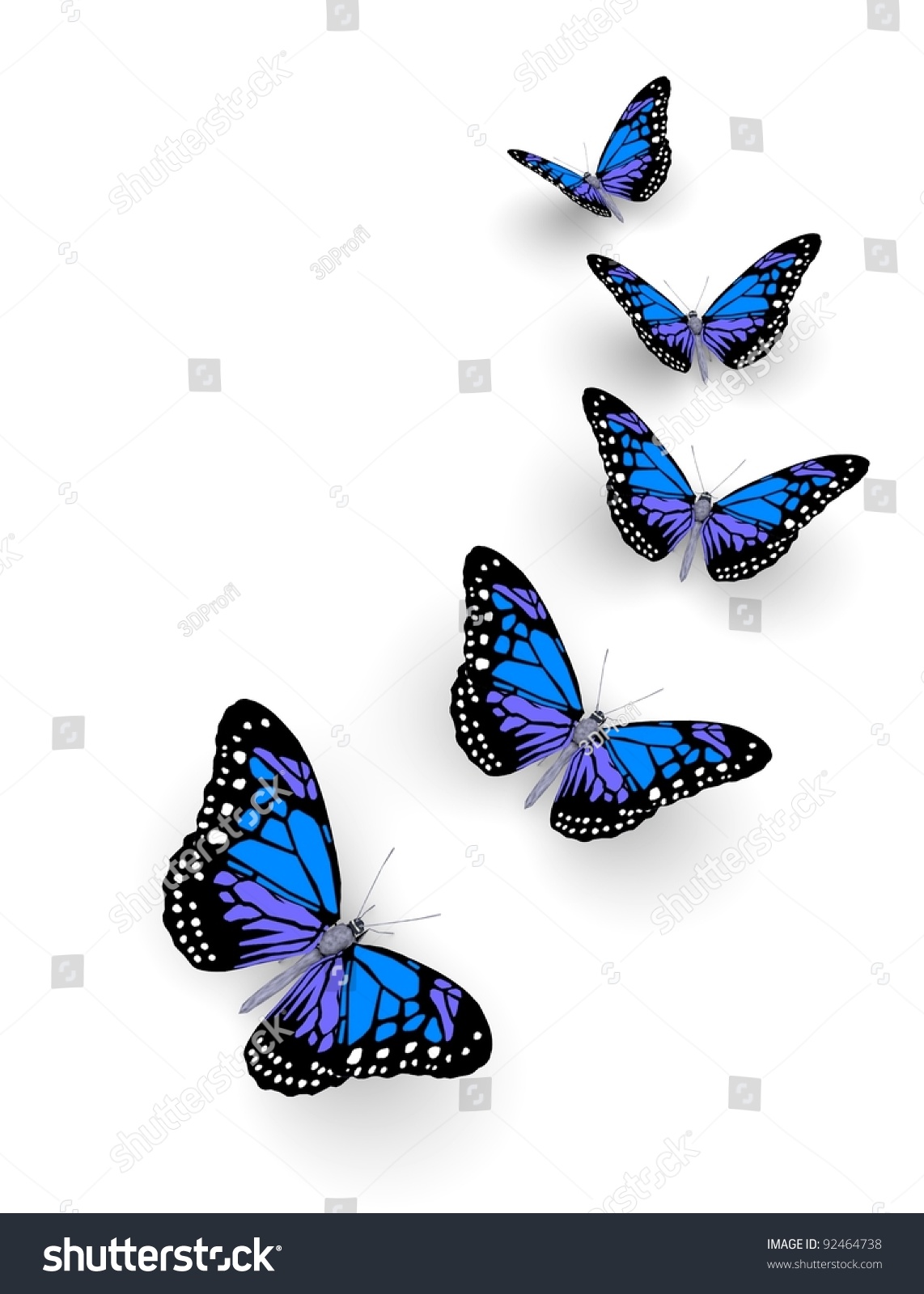 Five Butterflies Isolated On White. 3d Illustration - 92464738 ...