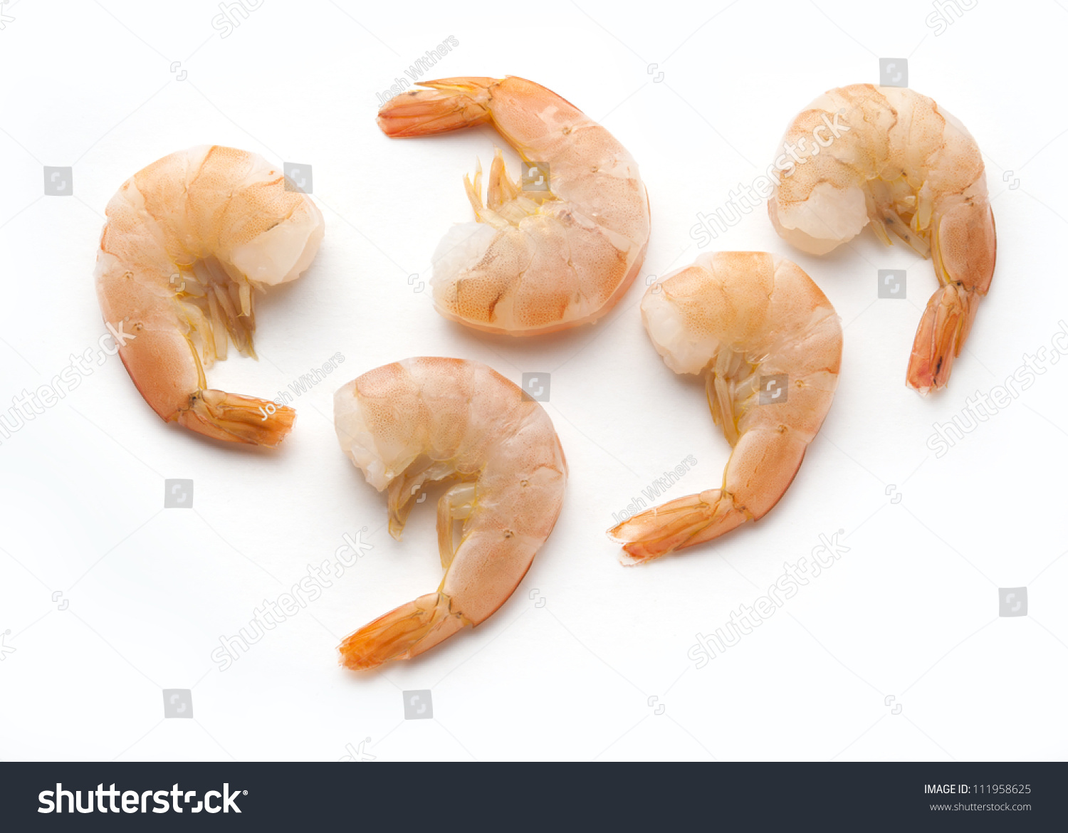 Five Cooked Shrimp With Tails Isolated On White Background. Stock Photo ...