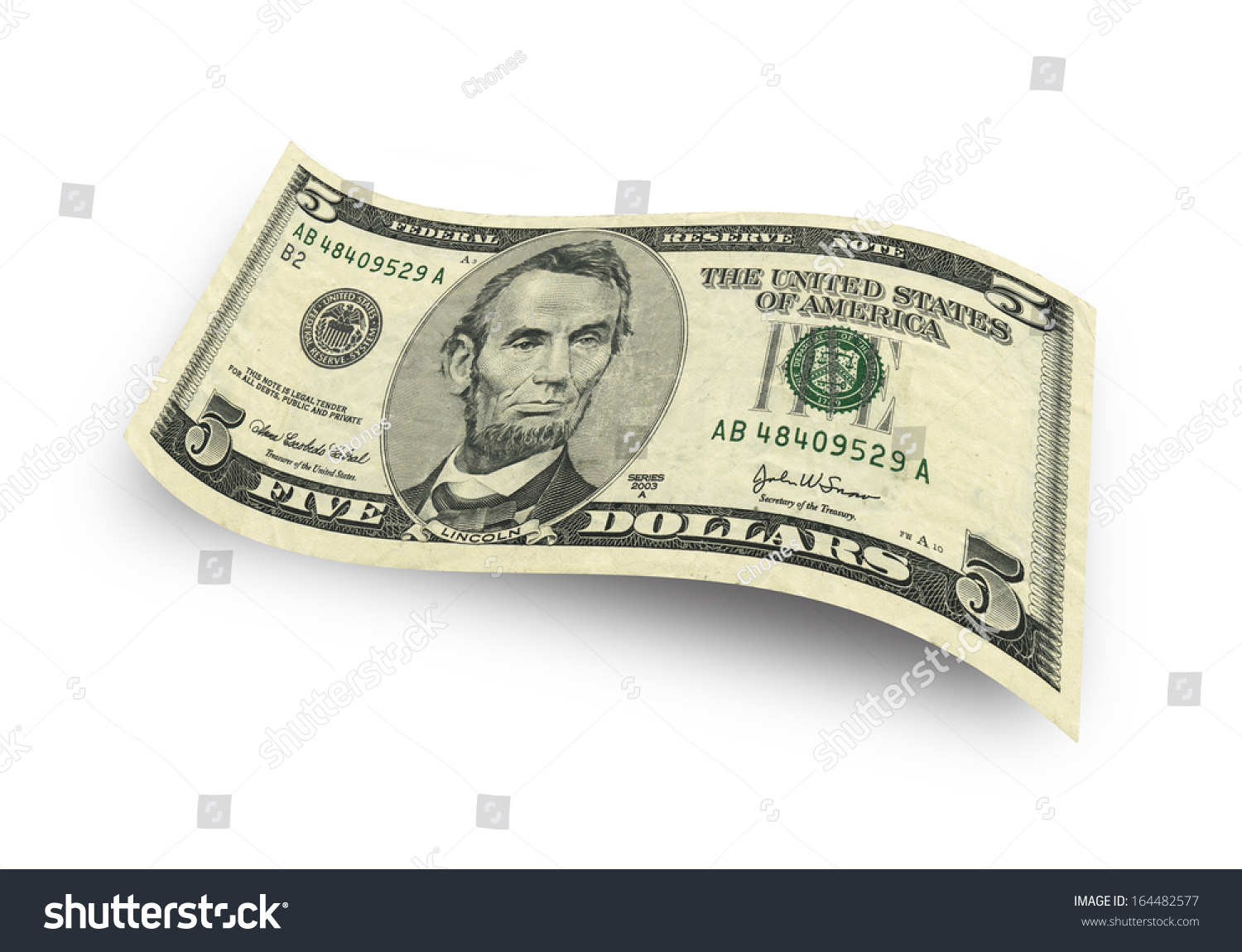 Five Dollar Banknote Isolated On White Background Stock Photo 164482577 ...