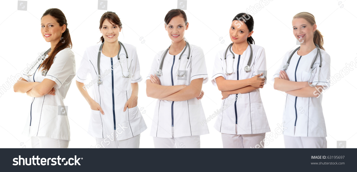 Five smiling medical doctors or nurses. Isolated on white background