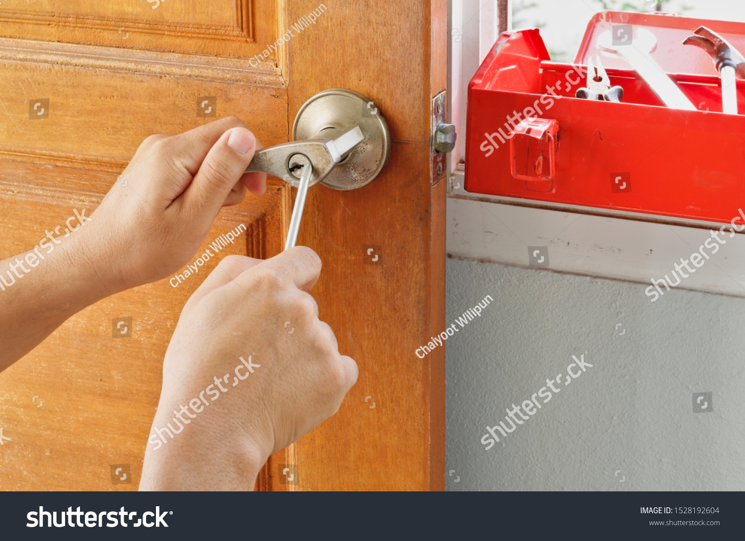 Fix Metal Door Knob On Wooden Stock Photo Edit Now 1528192604