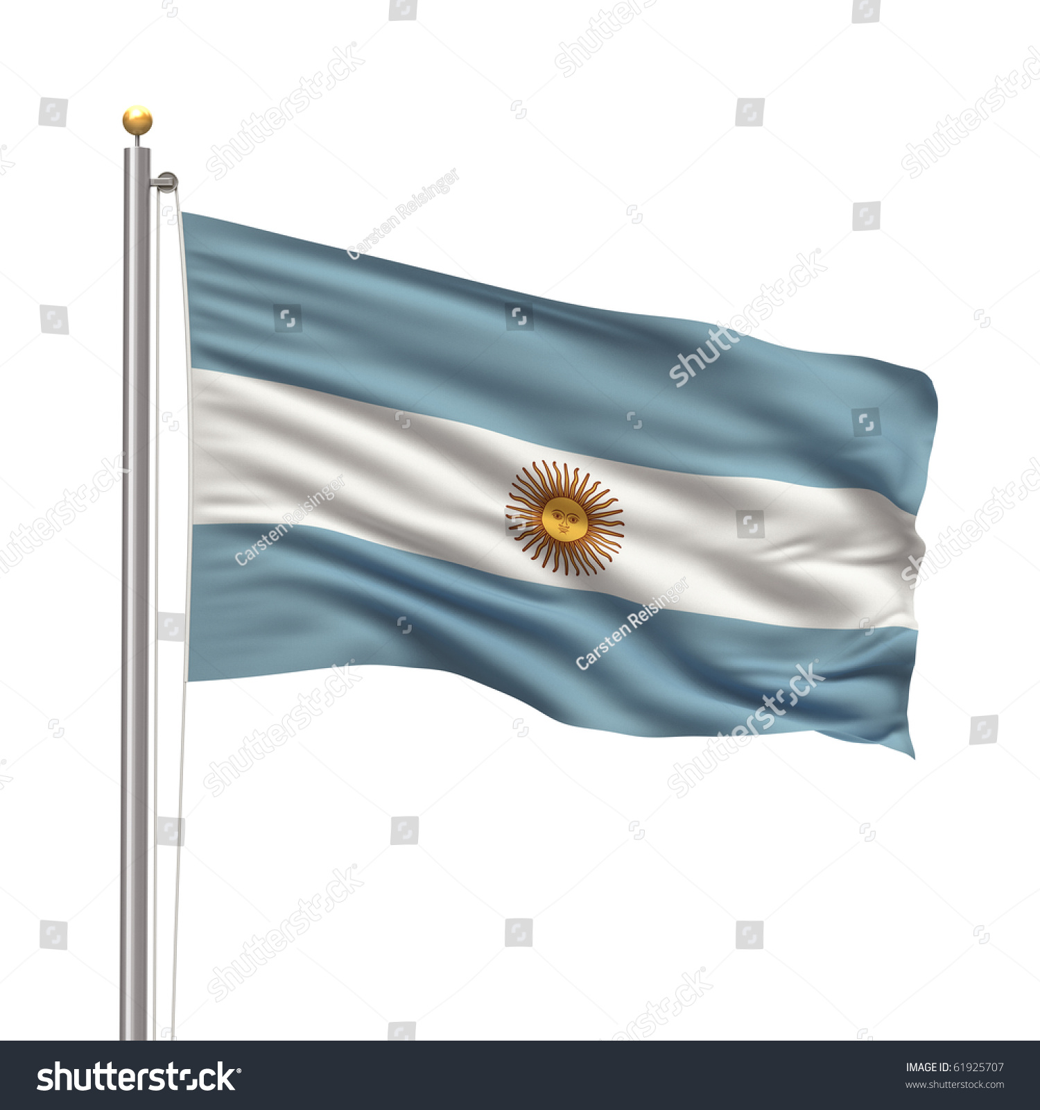 Flag Of Argentina With Flag Pole Waving In The Wind Over White ...