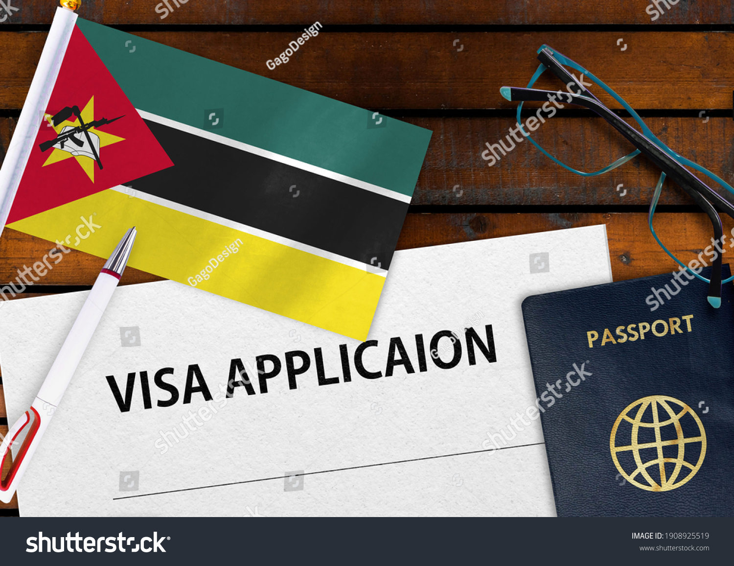 Flag Mozambique Visa Application Form Passport Stock Photo 1908925519   Stock Photo Flag Of Mozambique Visa Application Form And Passport On Table 1908925519 