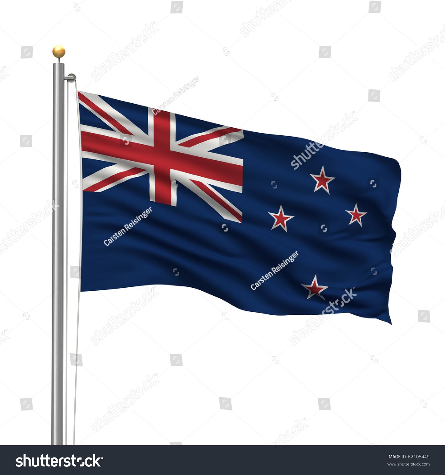 Flag Of New Zealand With Flag Pole Waving In The Wind Over White ...