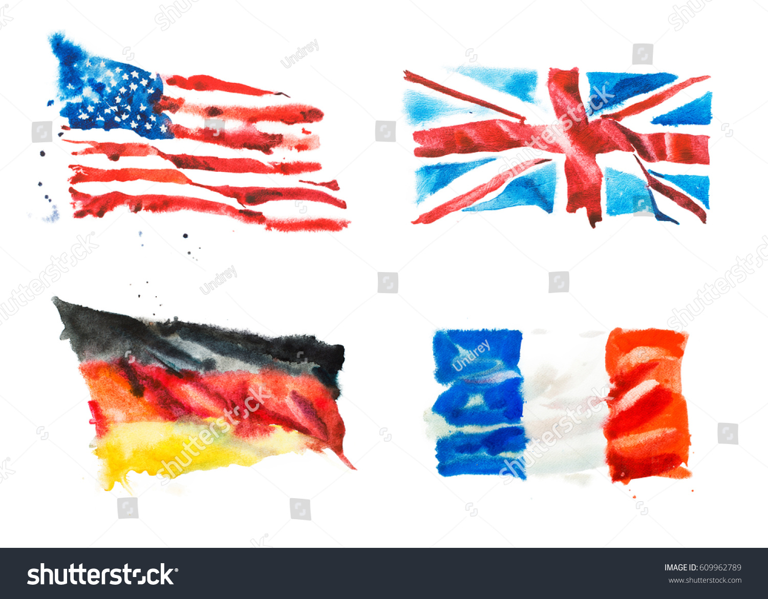 米国 イギリス フランス ドイツの国旗 手描きの水彩イラスト のイラスト素材