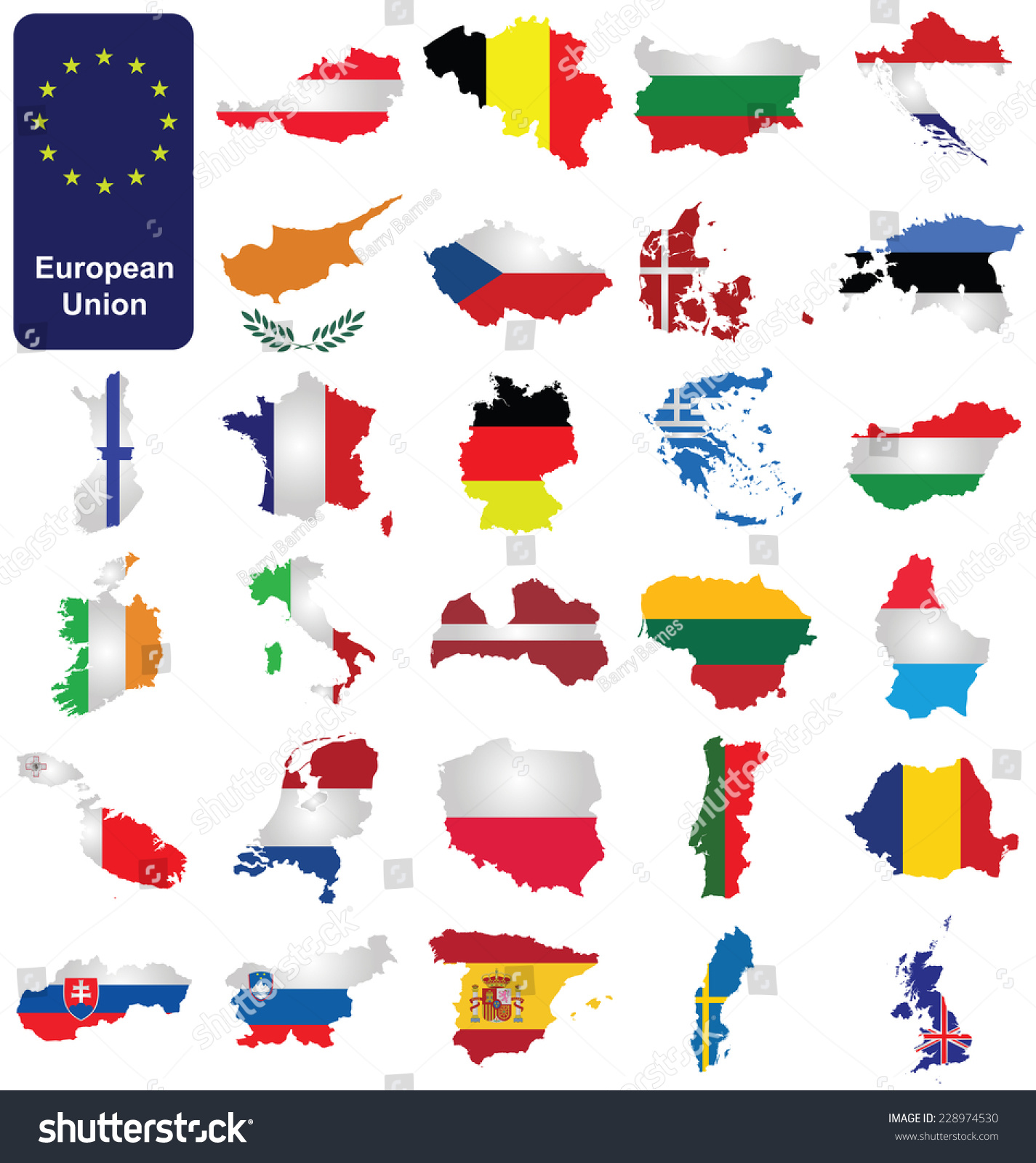 Flags Of The Member Countries Of The European Union Overlaid On Outline ...