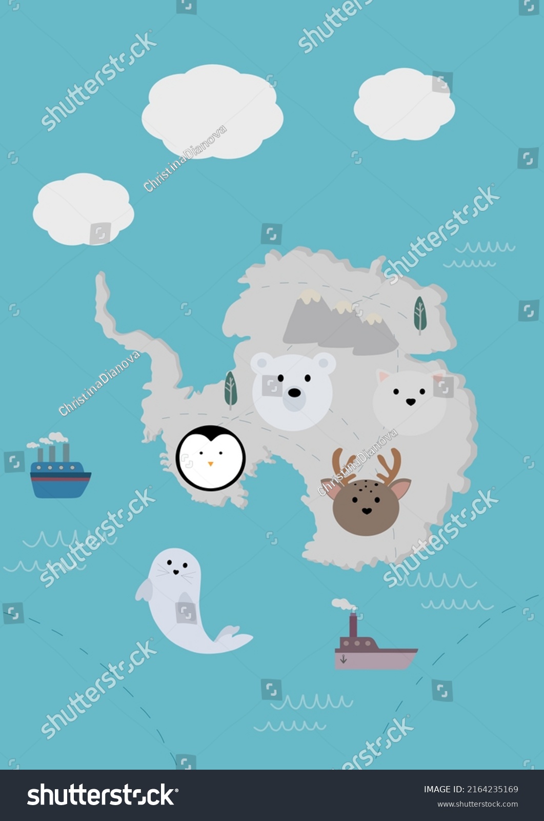 Flat Antarctica Flora Fauna Map Elementsanimals Stock Illustration ...