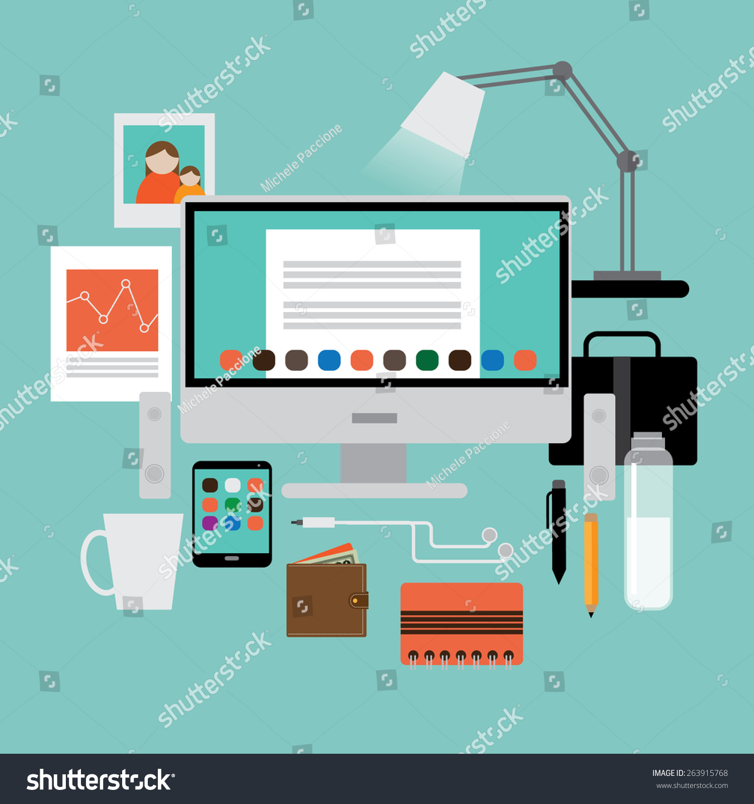 Flat design mans workspace items Royalty free stock illustration for ads marketing poster