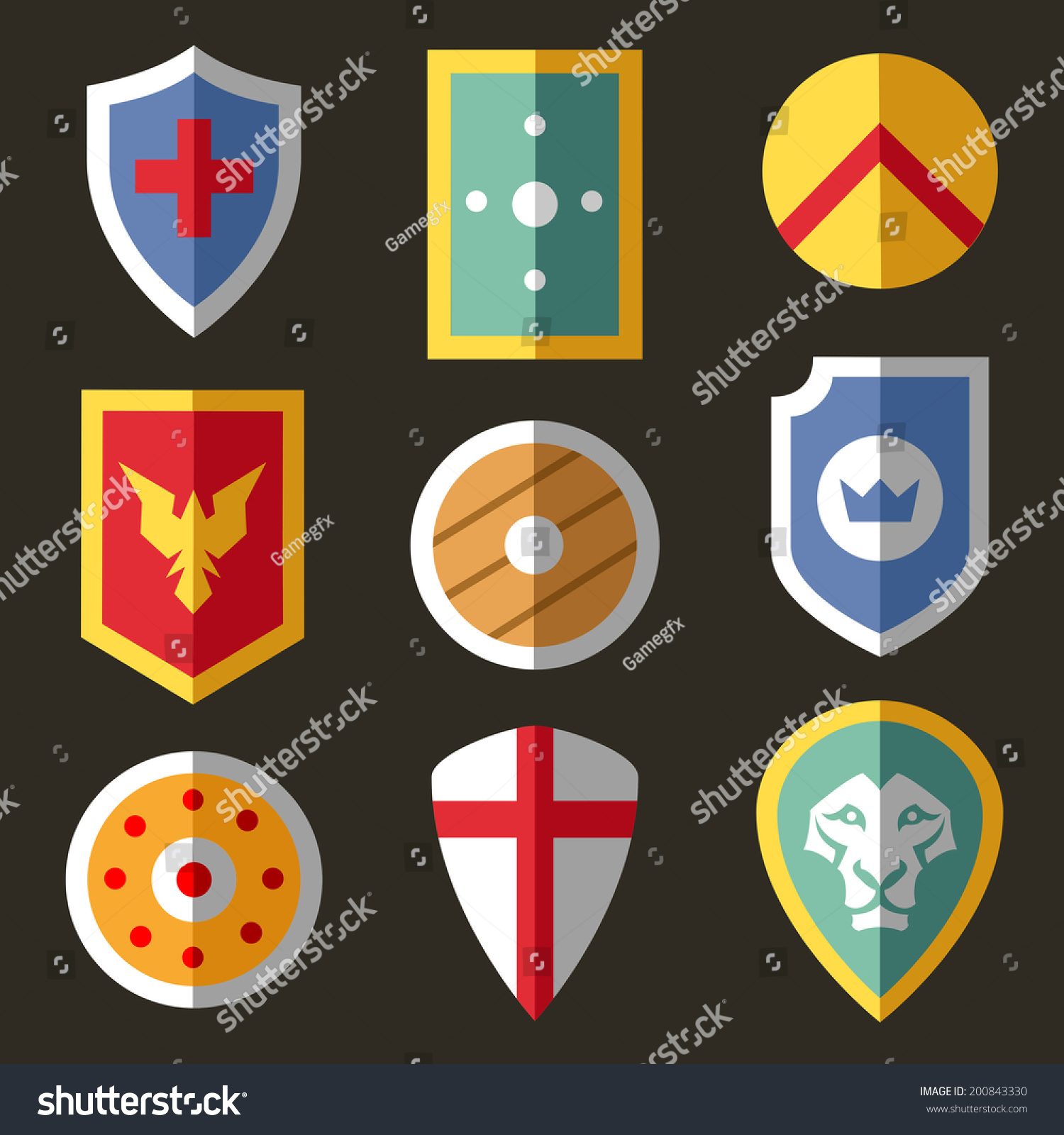 Flat Icons With Different Shields For Game. Stock Photo 200843330 ...