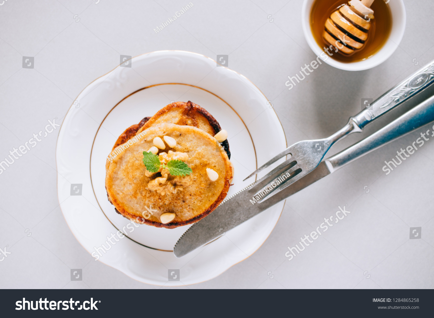 Flat Lay Banana Pancakes Walnuts Cedar Food And Drink Stock Image 1284865258