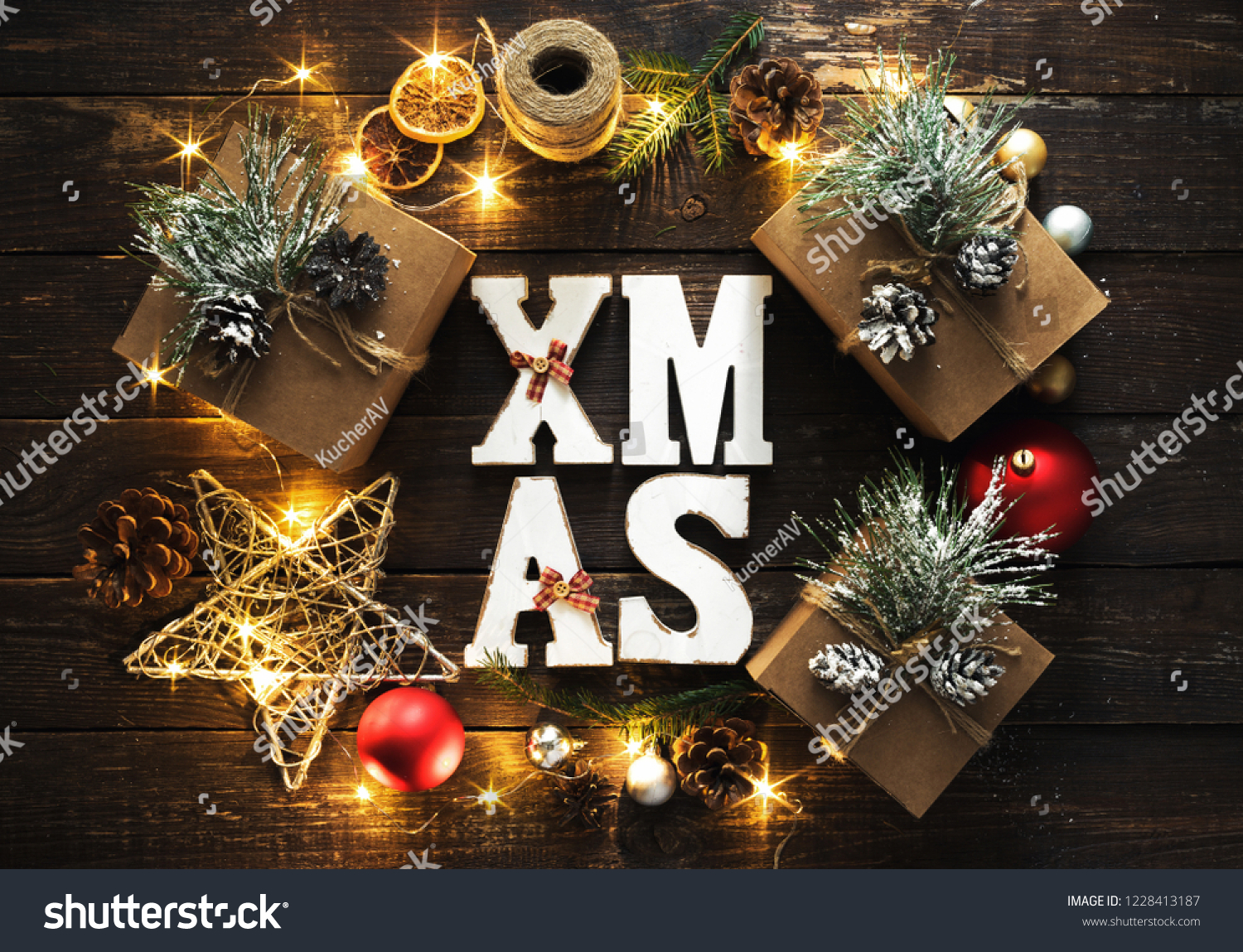 Flat Lay Christmas Background Word Xmas Stock Photo Edit Now 1228413187