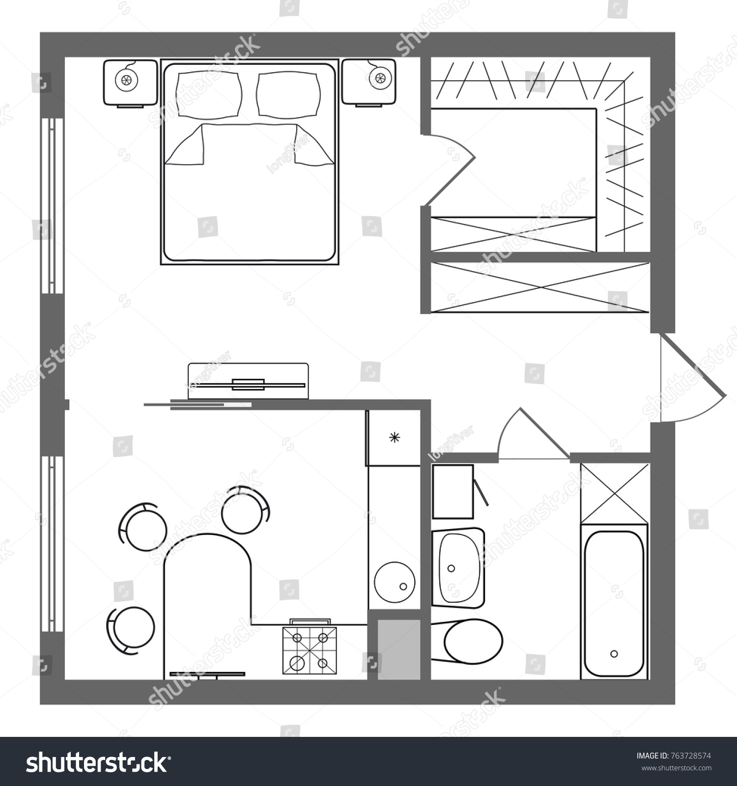 Floor Plan Studio Apartment Oneroom Apartment Stock