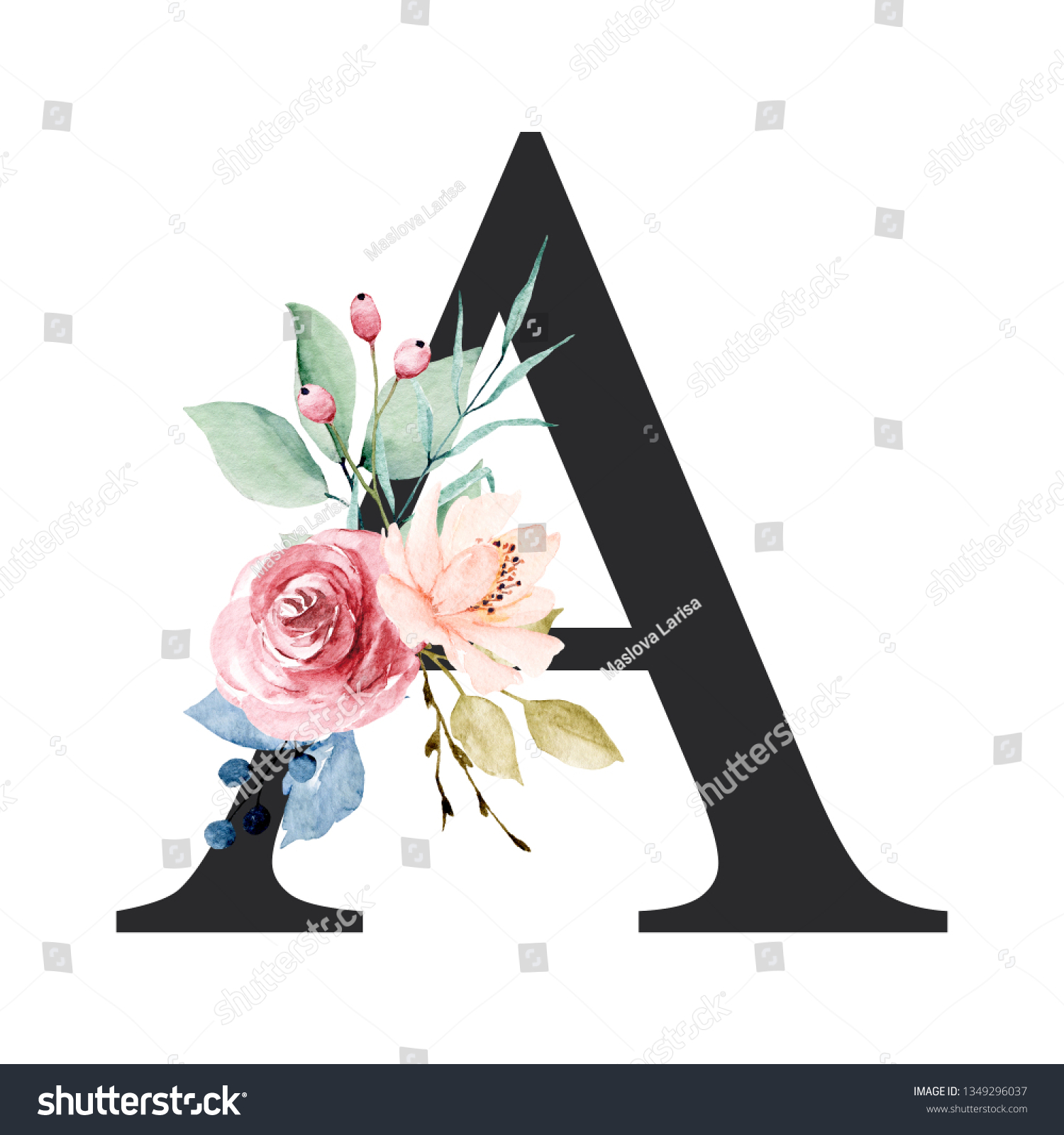 Floral Alphabet Letter Watercolor Flowers Leaf Stock Illustration ...