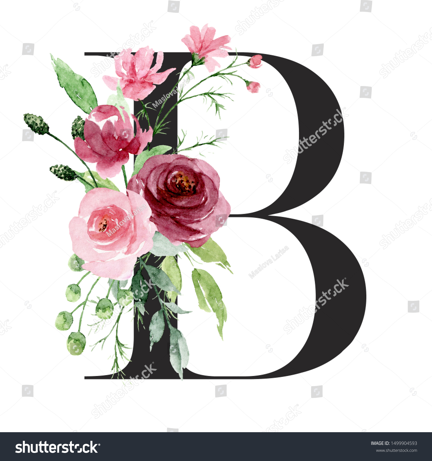 Floral Alphabet Letter B Watercolor Flowers Stock Illustration ...